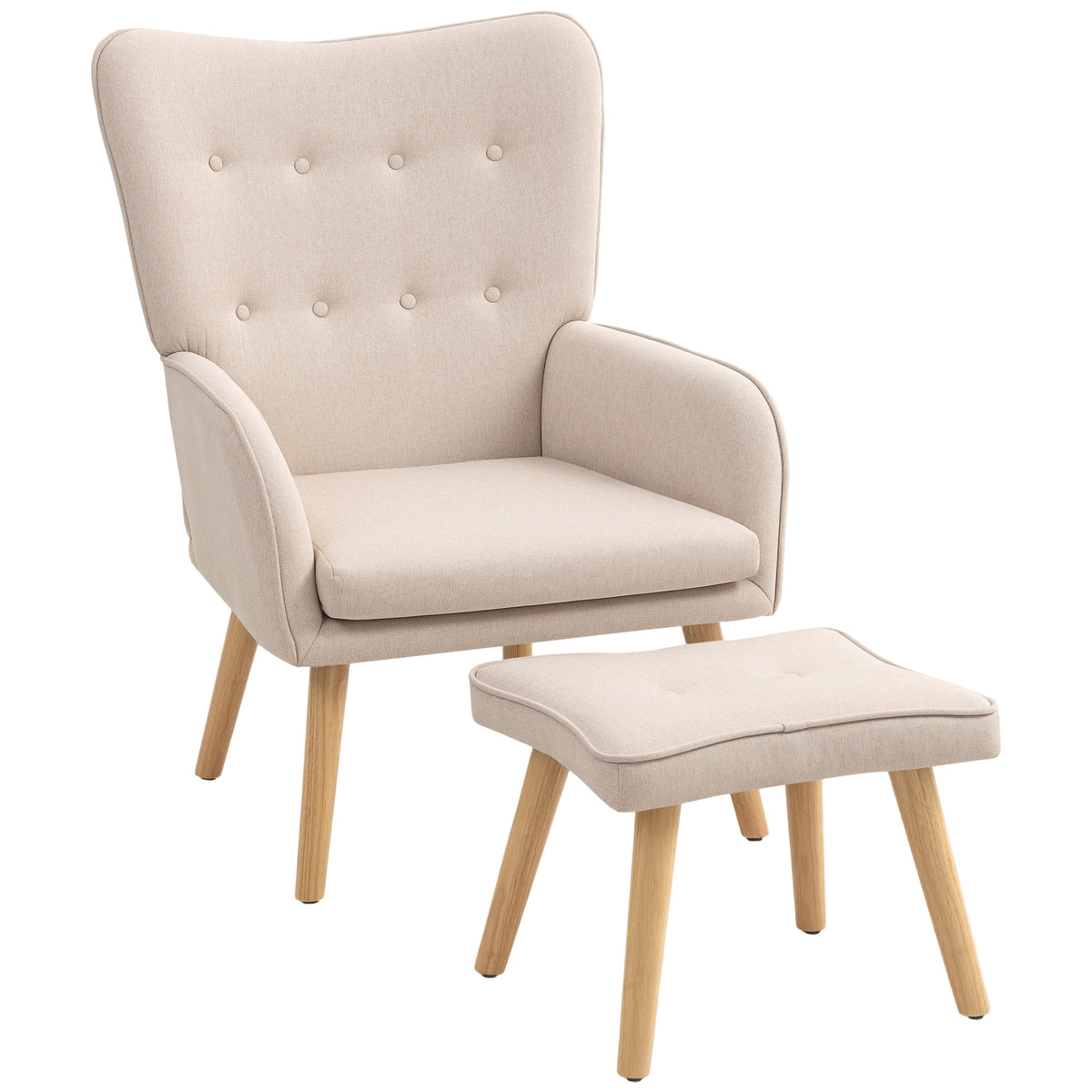 Poltrona com Apoio para Pés Poltrona de Leitura com Encosto Alto Capitonê Pés de Madeira e Revestimento em Linho Cadeira para Sala Quarto Escritório 70x72x94 cm Bege — foto 1