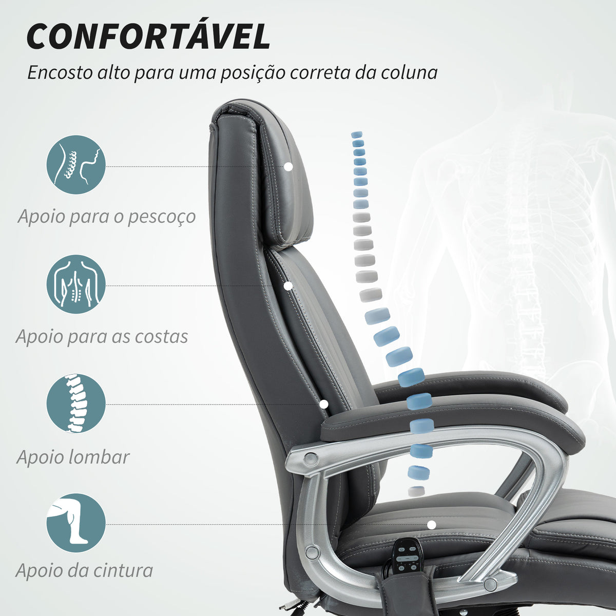 Cadeira de Escritório com Massagem Cadeira Giratória com Altura Ajustável Função de Aquecimento e Função de Inclinação Controlo Remoto para Estudo 66x72x113-121 cm Cinzento Escuro — foto 5