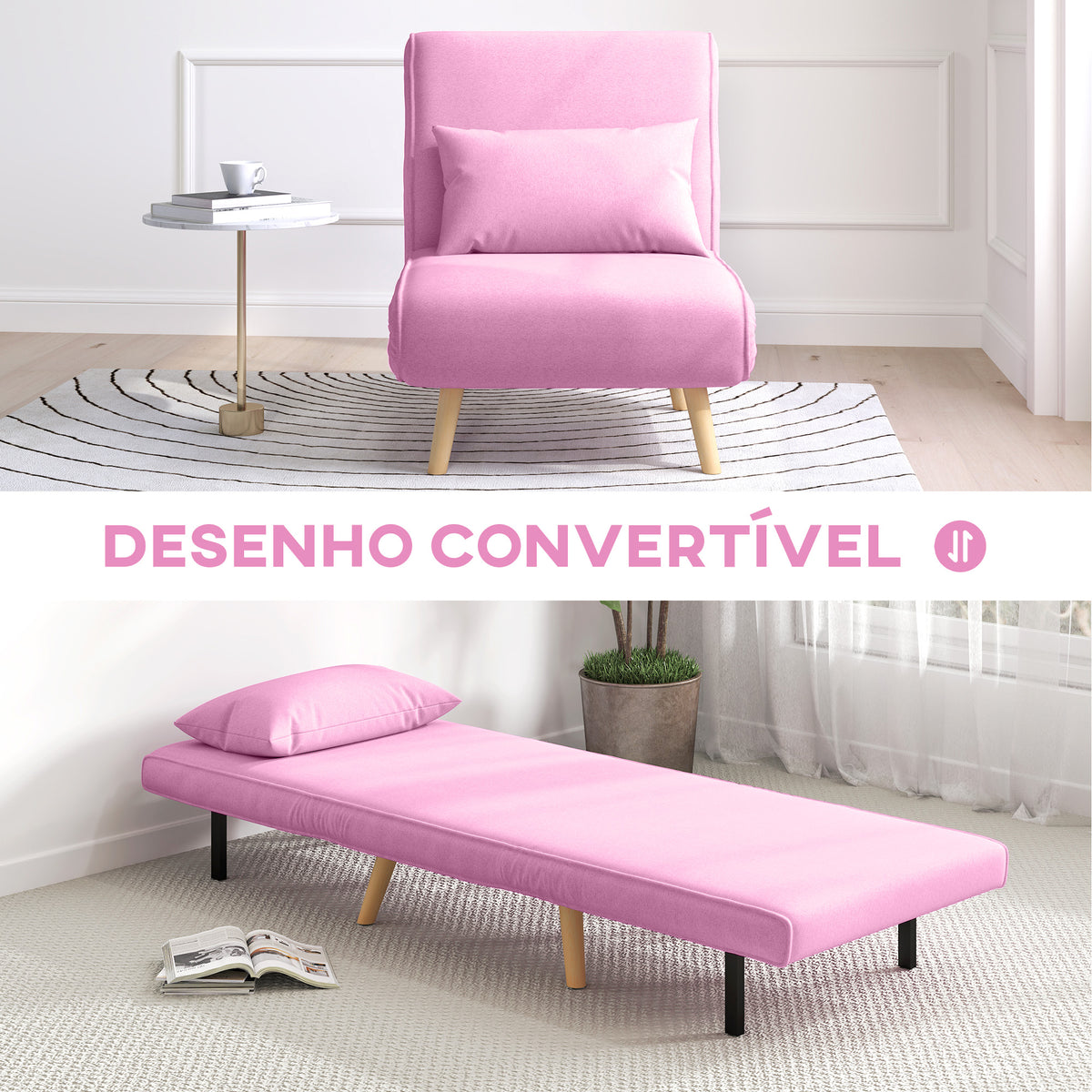 Sofá Cama Individual Sofá Cama Estofado em Linho com Encosto Ajustável em 5 Posições e Almofada Sofá Cama Pequeno para Sala de Estar 72x75x85 cm Rosa — foto 4