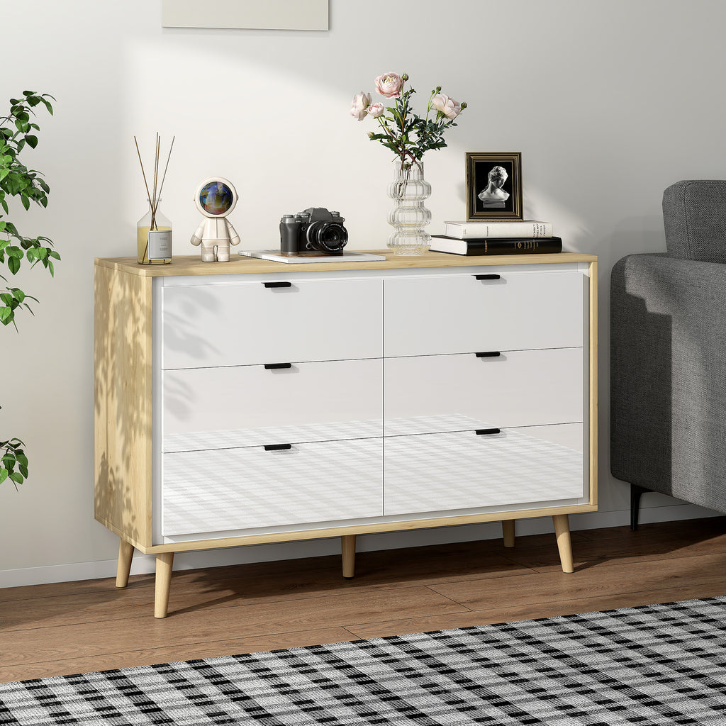 Cómoda 6 Gavetas Cómoda Quarto com Pernas de Madeira Cómoda para Sala Escritório Estilo Moderno 110x40x75 cm Branco Brilhante e Carvalho — foto 2