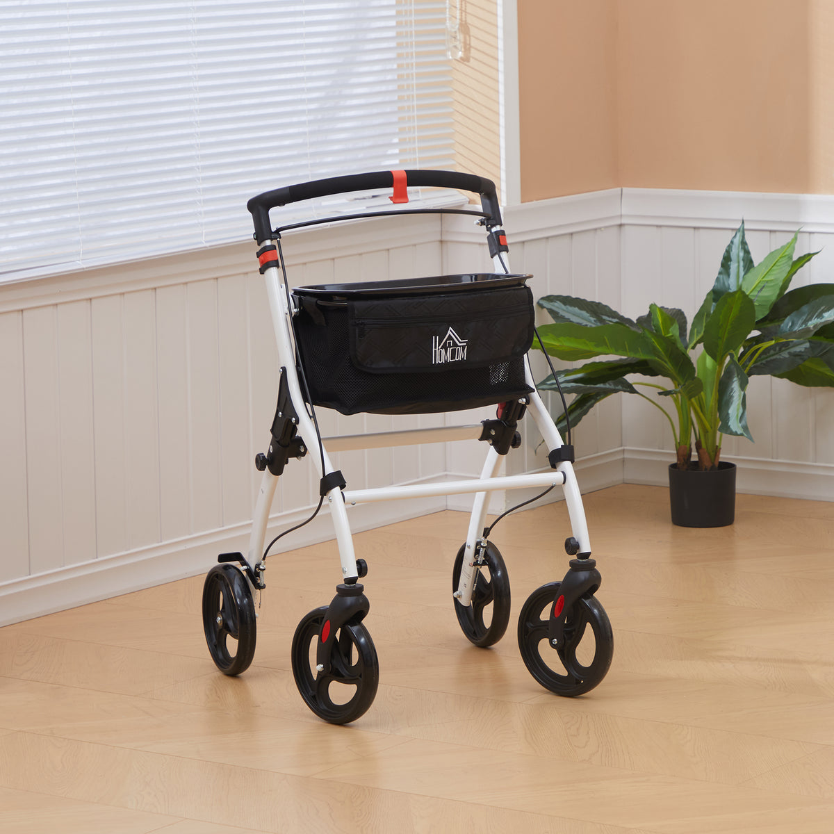 Andarilho para Idosos Dobrável de Alumínio Andador para Pessoas Maiores com 4 Rodas e Bandeja Andarilho com Altura Ajustável Travão e Bolsa de Transporte 64,5x54x90-102 cm Preto e Branco — foto 2
