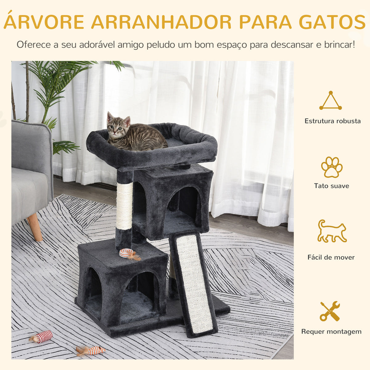 Arranhador para Gatos com Postes e Placa de Arranhar em Sisal Caverna Cama com Borda Elevada e Tato Suave 59x39x83 cm Cinza Escuro — foto 4