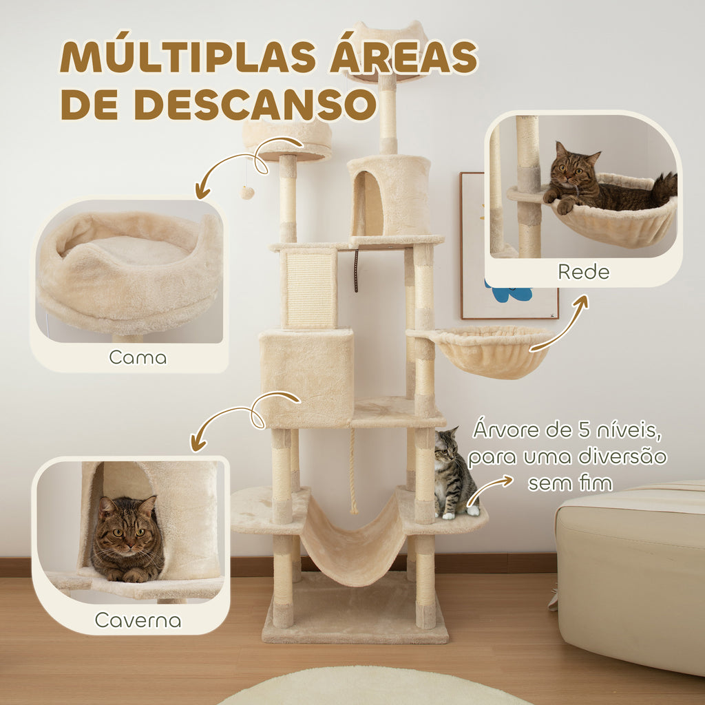 Arranhador para Gatos Grande Altura 173 cm Arranhador para Gatos Torre para Gatos com Plataformas Caverna Bolas Suspensa e Rede Bege — foto 4