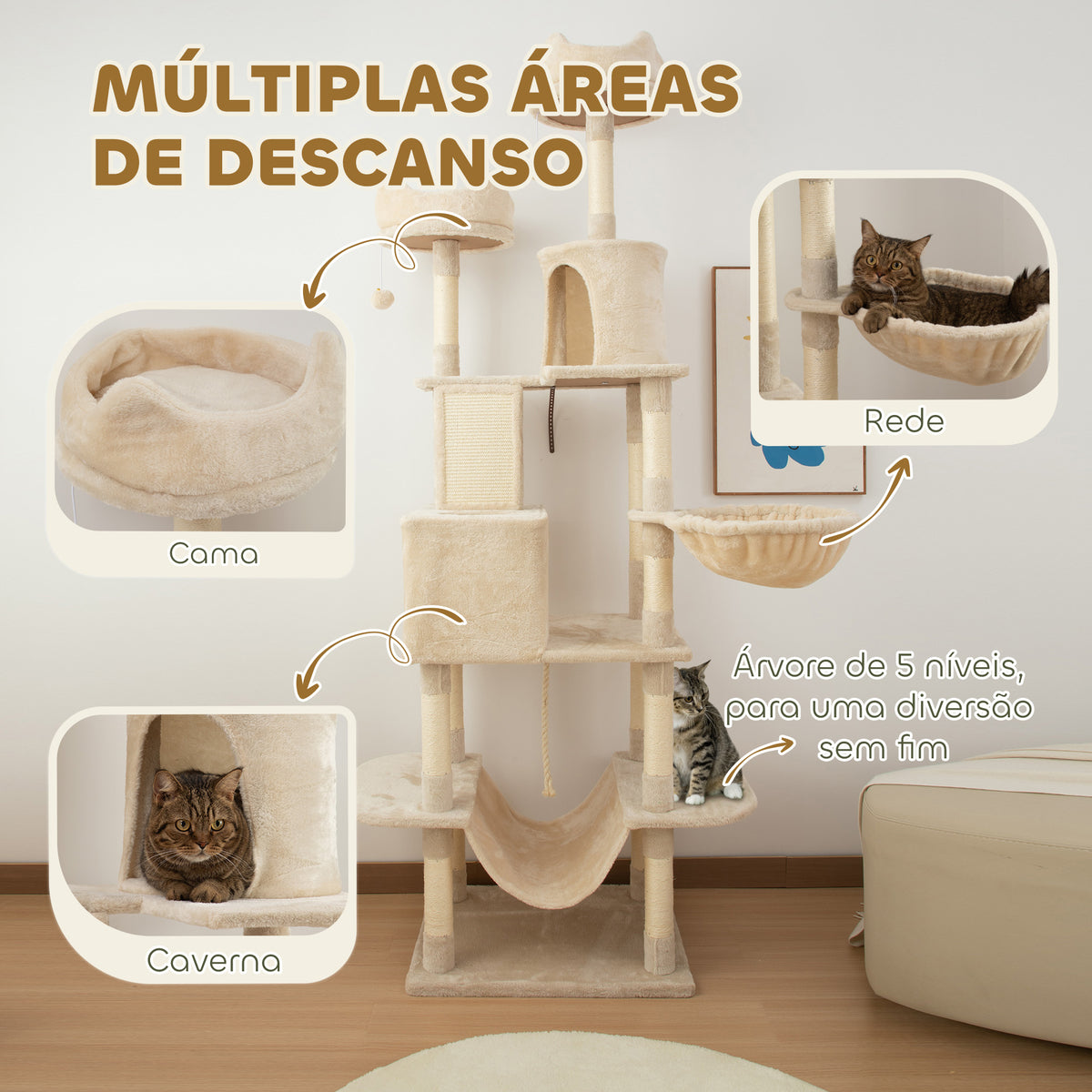 Arranhador para Gatos Grande Altura 173 cm Arranhador para Gatos Torre para Gatos com Plataformas Caverna Bolas Suspensa e Rede Bege — foto 4
