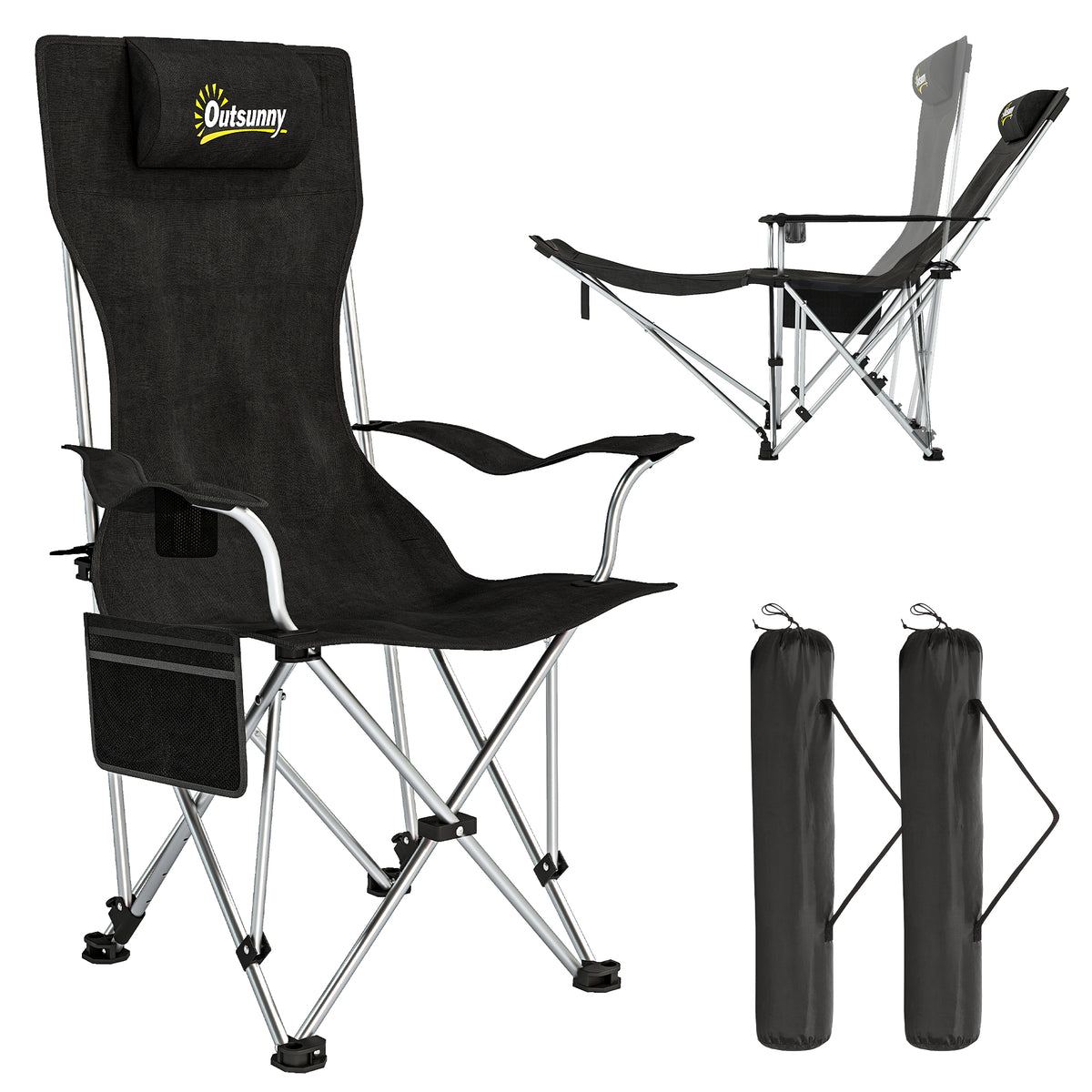 Conjunto de 2 Cadeiras Dobráveis Campismo Portáteis com Apoio para os Pés Desmontável Apoio para a Cabeça Porta-Copos e Bolsa Lateral Carga 120 kg para Jardim Praia Pesca 50-100x82x88 cm Preto — foto 1