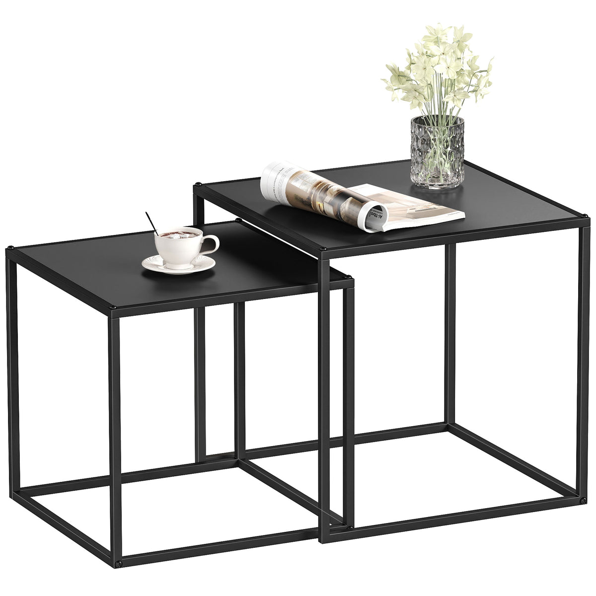 Conjunto de 2 Mesas Mesas de Centro Quadradas para Sala de Estar Estrutura de Aço para Quarto e Escritório Grande 40 cm Pequena 35 cm Preto — foto 1