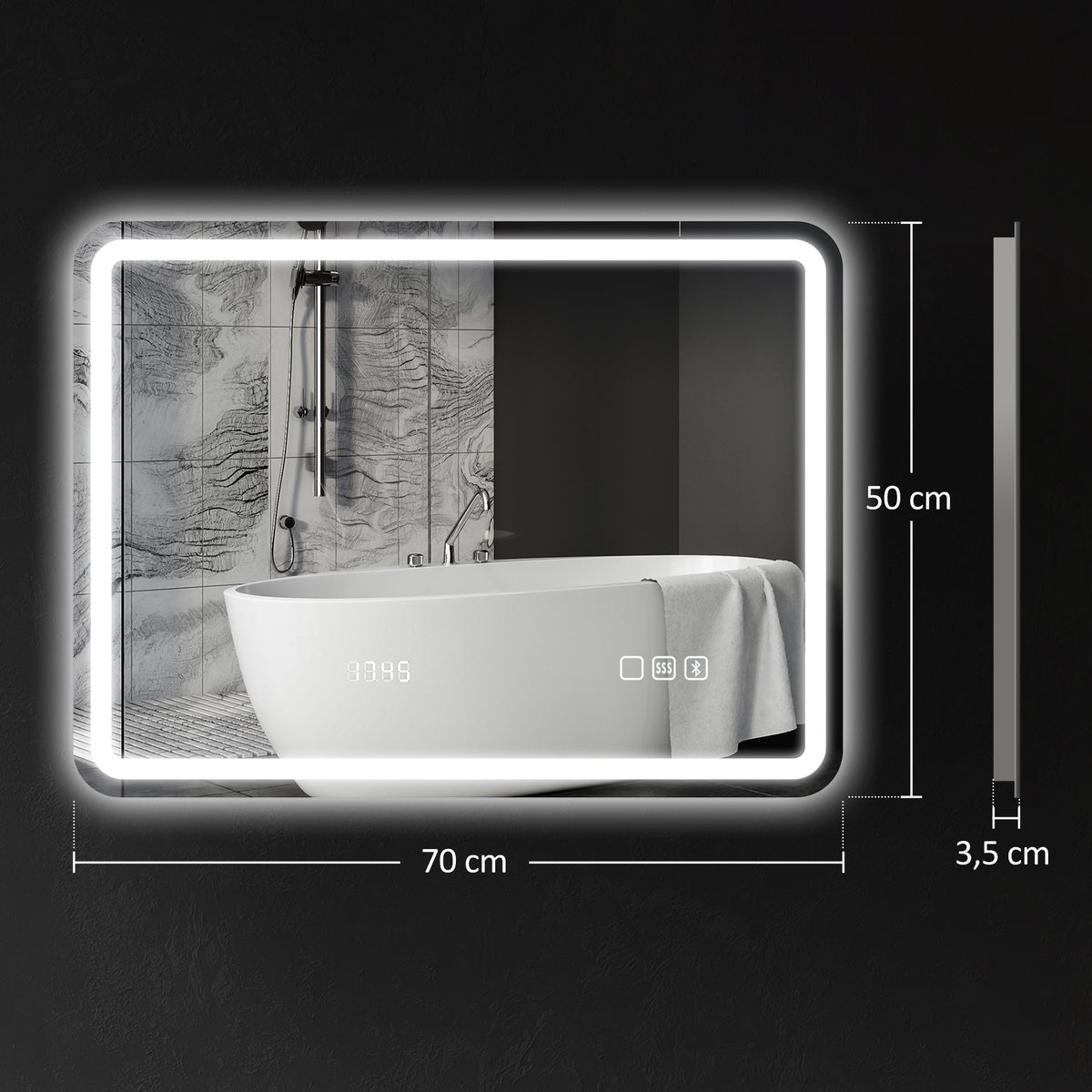 Espelho de Casa de Banho com Luz LED 70x50 cm Espelho de Parede com Bluetooth 3 Cores de Luz Relógio Digital Função Antiembaciamento Função de Memória Interruptor Tátil IP44 Prata - Modelo 1 — foto 3