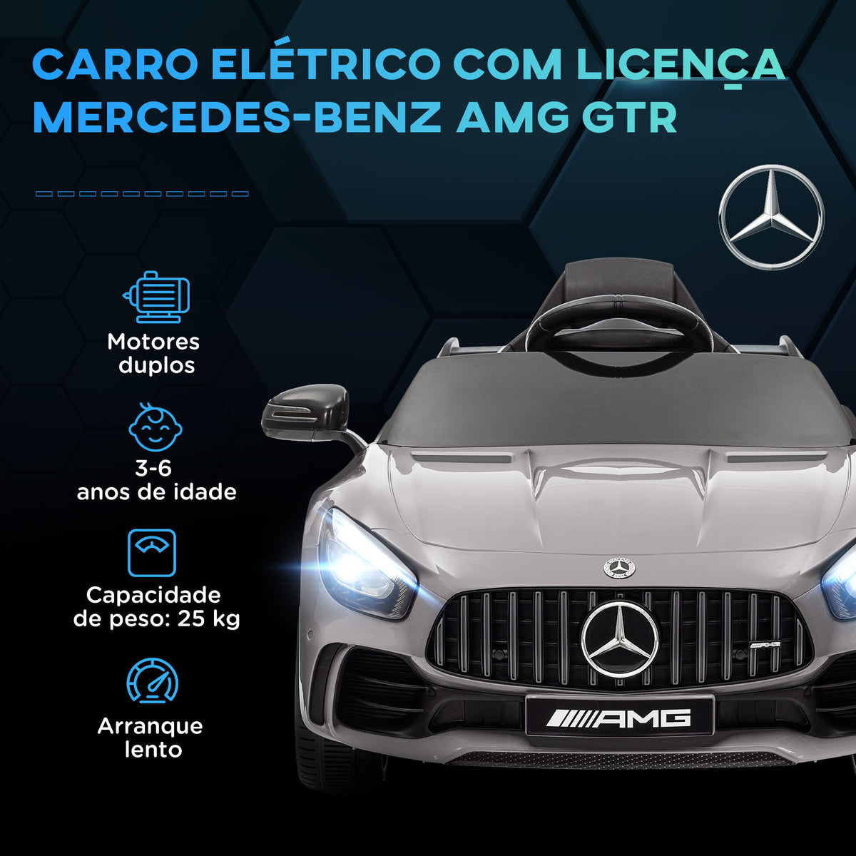 Carro Elétrico para Crianças acima de 3 Anos Carro Mercedes-Benz AMG GTR Carro Elétrico Infantil com Bateria 12V Controlo Remoto Faróis Buzina e Música 108x67x46 cm Prata — foto 4