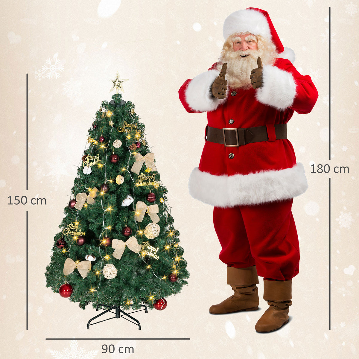 Árvore de Natal de 150 cm com Decorações 150 Luzes LED Branco Quente Árvore de Natal Decorada com 8 Modos de Iluminação 480 Ramos Suporte de Aço Decoração para Casa Festa Interior Verde — foto 3