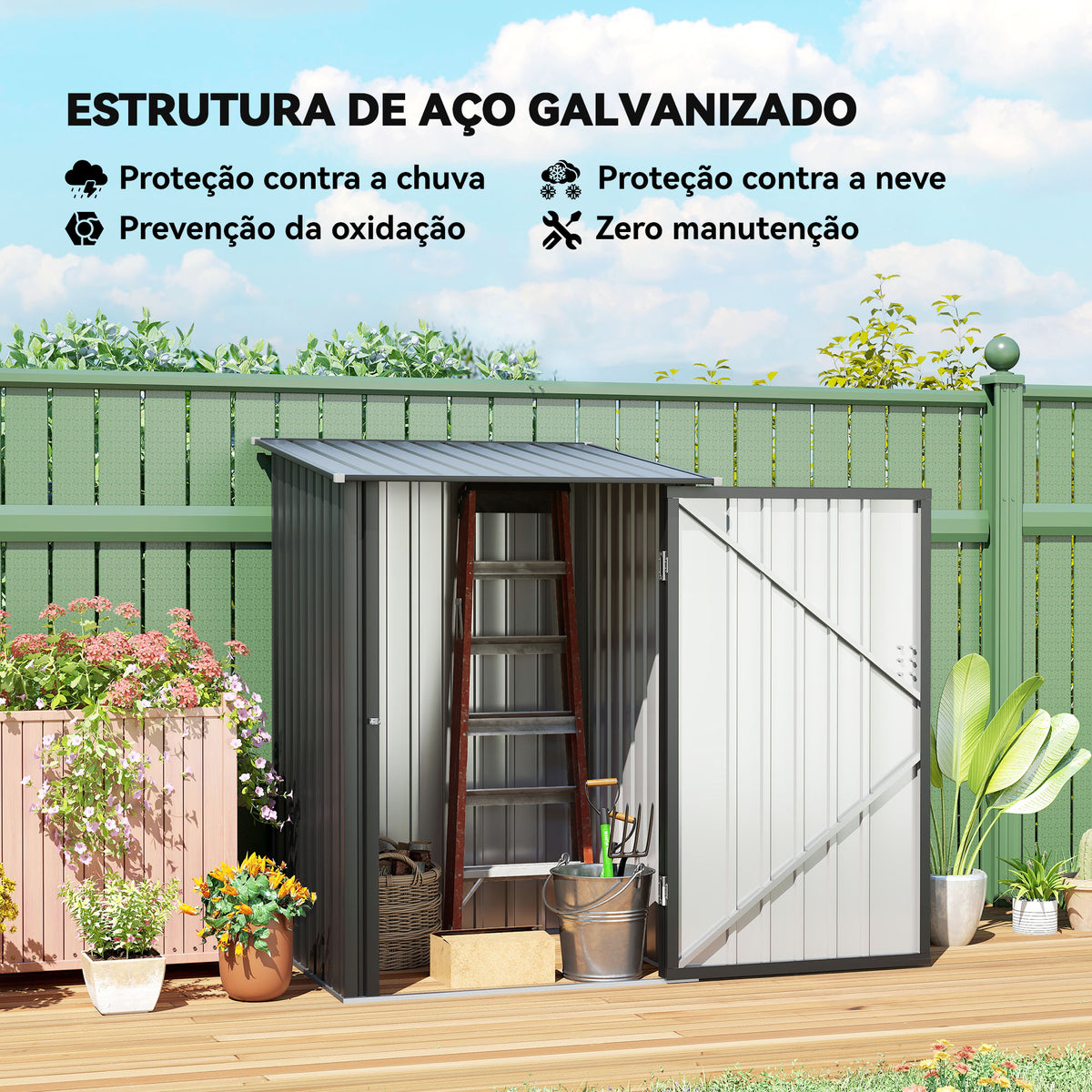 Abrigo de Jardim 0,92 m² 100x103x160cm Abrigo Exterior de Aço Galvanizado com Porta Fechadura e Teto Inclinado para Armazenamento de Ferramentas Cinza Escuro — foto 4