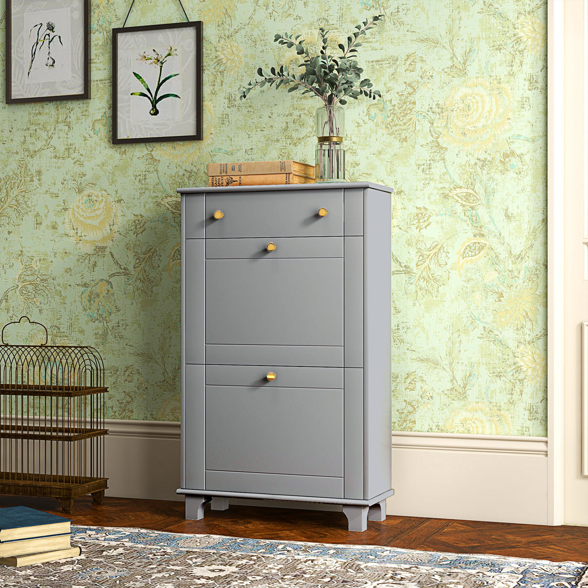 Sapateira Móvel Sapateira Estreita com 2 Portas e 1 Gaveta para 8 Pares de Sapatos para Entrada Corredor 60x23,5x98,5 cm Cinzento — foto 2