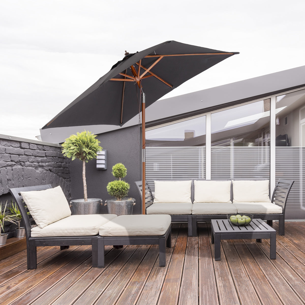 Chapéu de Sol de Jardim 200x150x230 cm Chapéu de Sol Retangular Inclinável com Polia Duplo Teto e Mastro Desmontável de Madeira para Terraço Pátio Cinzento Escuro — foto 2