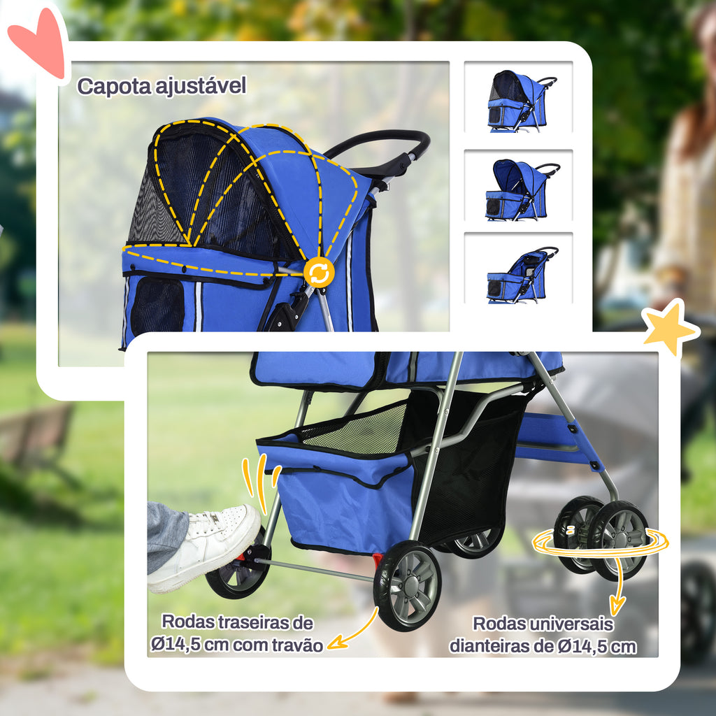 Carrinho para Cães Dobrável, Coche para Cães Pequenos com Cesta de Armazenamento, Janelas de Rede, Suporte para Copos, Rodas EVA, Almofada Lavável, Travões, Carga 10 kg, 75x45x97 cm, Azul — foto 6