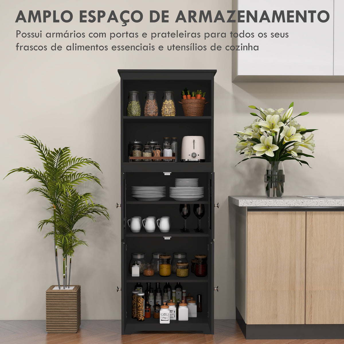 Armário de Cozinha com 2 Portas de Vidro Temperado 2 Prateleiras Abertas e Armário com Prateleira Ajustável para Sala de Estar 60x30x162 cm Preto — foto 4