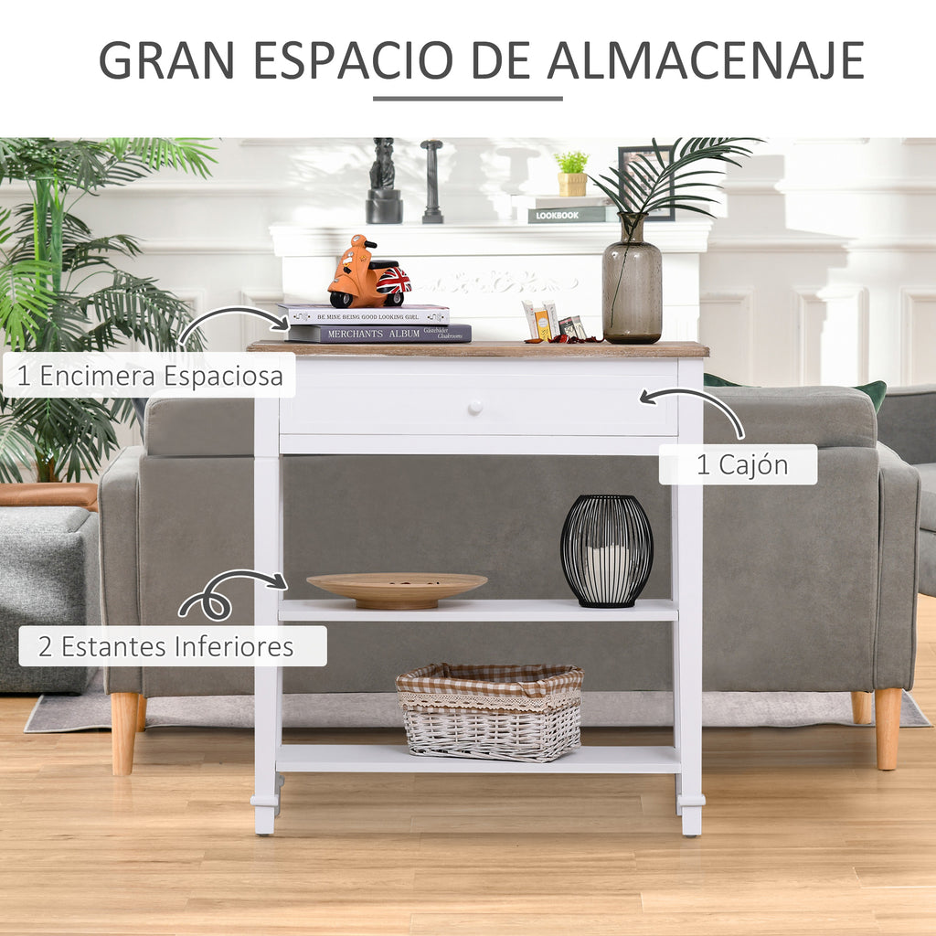 Mesa Consola Estilo Rétro Consola para Sala de Estar Corredor com 2 Prateleiras e 1 Gaveta 75,6x27,5x80,5 cm Branco e Madeira — foto 4
