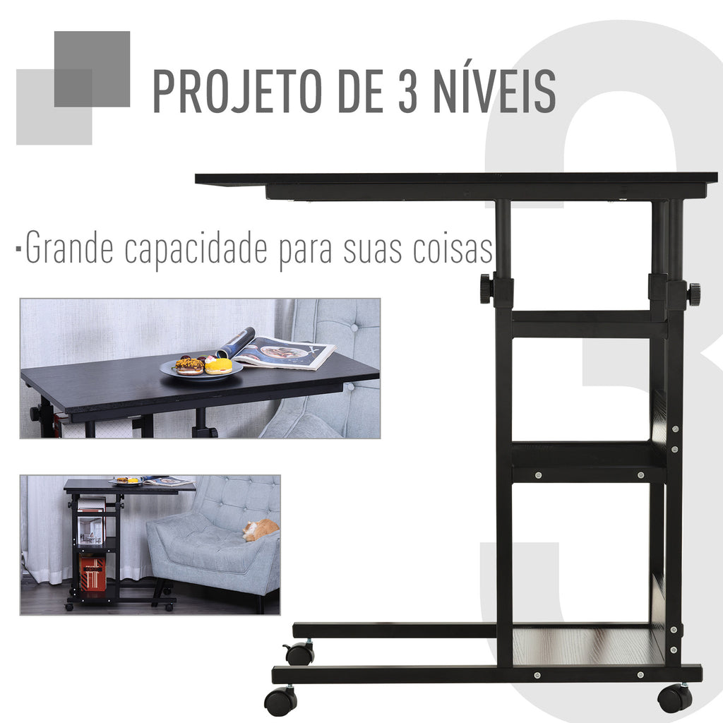 Mesa Lateral para Sofá Mesa lateral em Forma de C com 4 rodas Giratórias Freios Altura Ajustável 3 níveis Estrutura Metálica 80x40x72-82cm Preto — foto 5