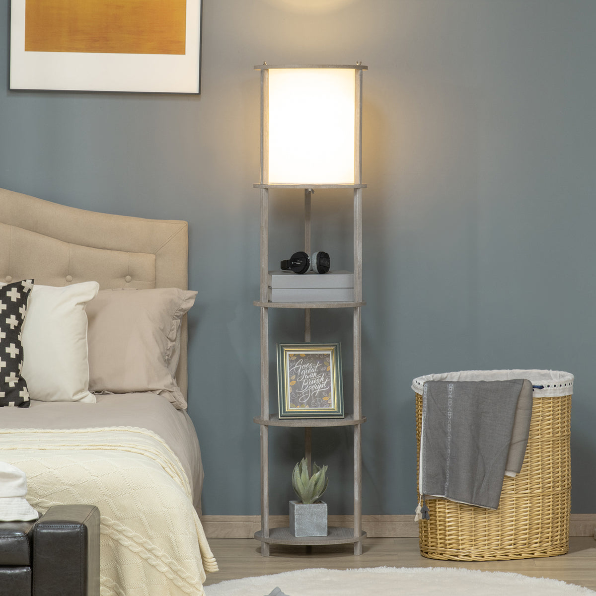 Candeeiro de Pé de Madeira Suporte para Lâmpada E27 Máx. 40W IP20 com 3 Prateleiras de Armazenamento Interruptor de Pé para Sala de Estar Dormitório Escritório 35x35x154cm Branco — foto 2