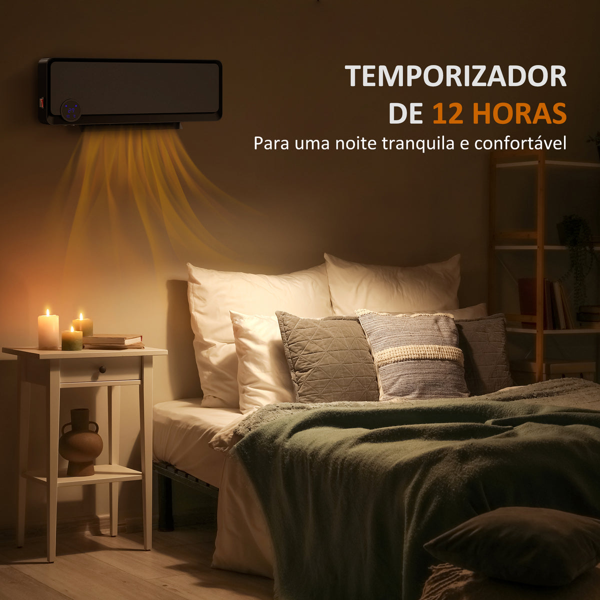 Aquecedor Cerâmico de Parede 1000W/2000W com Controle Remoto Tela LED Temporizador de 12h Termostato e Proteção contra Superaquecimento 56x18,5x11,7 cm Preto — foto 4