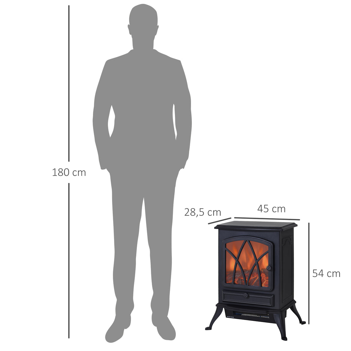 Lareira Elétrica Portátil Lareira Elétrica com Efeito de Chama Realista Potência 1000W/2000W 45x28,5x54cm Preto — foto 3