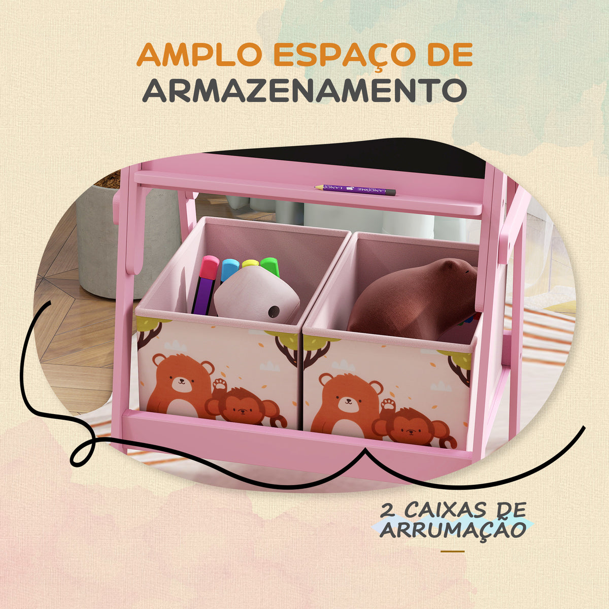 Cavalete para Crianças 2 em 1 Arsósia Infantil com Dupla Face 2 Caixas de Arrumação Cavalete de Pintura para Crianças com Estampa em Animais 53,5x49x113 cm Rosa — foto 5