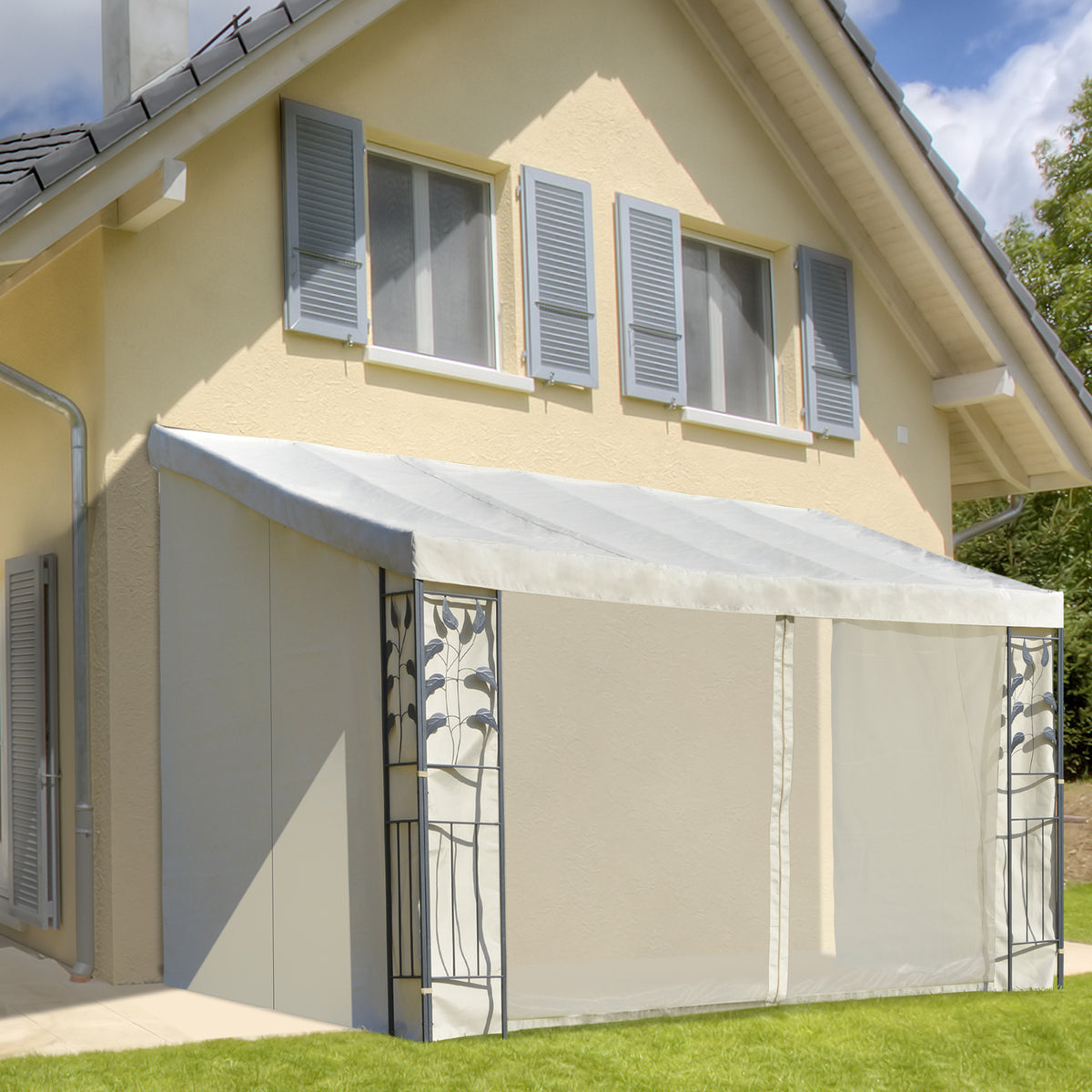 Gazebo 4x3m montado na parede com cortinas laterais Malha com zíper 4 orifícios de drenagem exterior Bege — foto 2