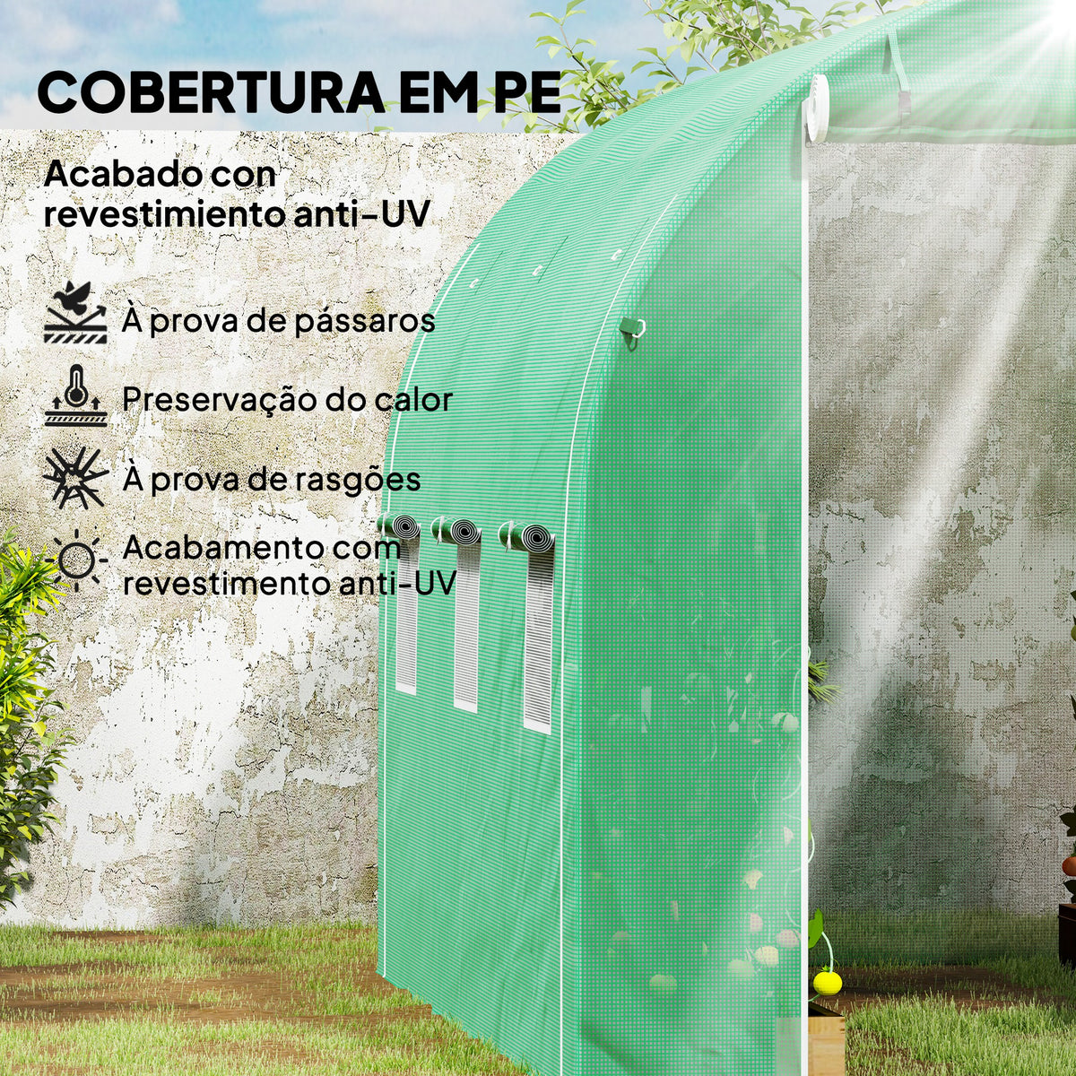 Estufa Tipo Túnel 296x196x200 cm Estufa de Jardim com 3 Portas e 6 Janelas Enroláveis Estufa com Teto Curvo para Cultivo de Plantas Flores Verde — foto 4