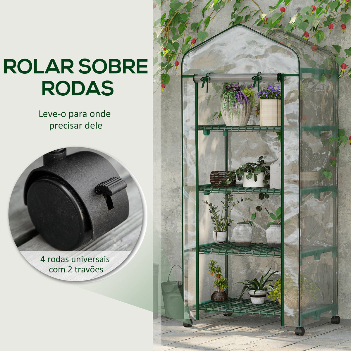 Estufa de Exterior com 4 Prateleiras e Rodas, Estufa Compacta com Porta Enrolável, Estrutura de Aço e Cobertura de PVC, Anti-UV para Plantas, Vasos, Flores, 70x50x165 cm, Transparente — foto 5