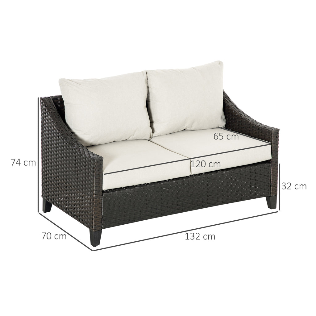 Sofá de Jardim de 2 Lugares Sofá de Vime com Almofadas Acolchoadas com Zíper e Pés Ajustáveis para Terraço Balção Pátio 132x70x74cm Marrom — foto 3
