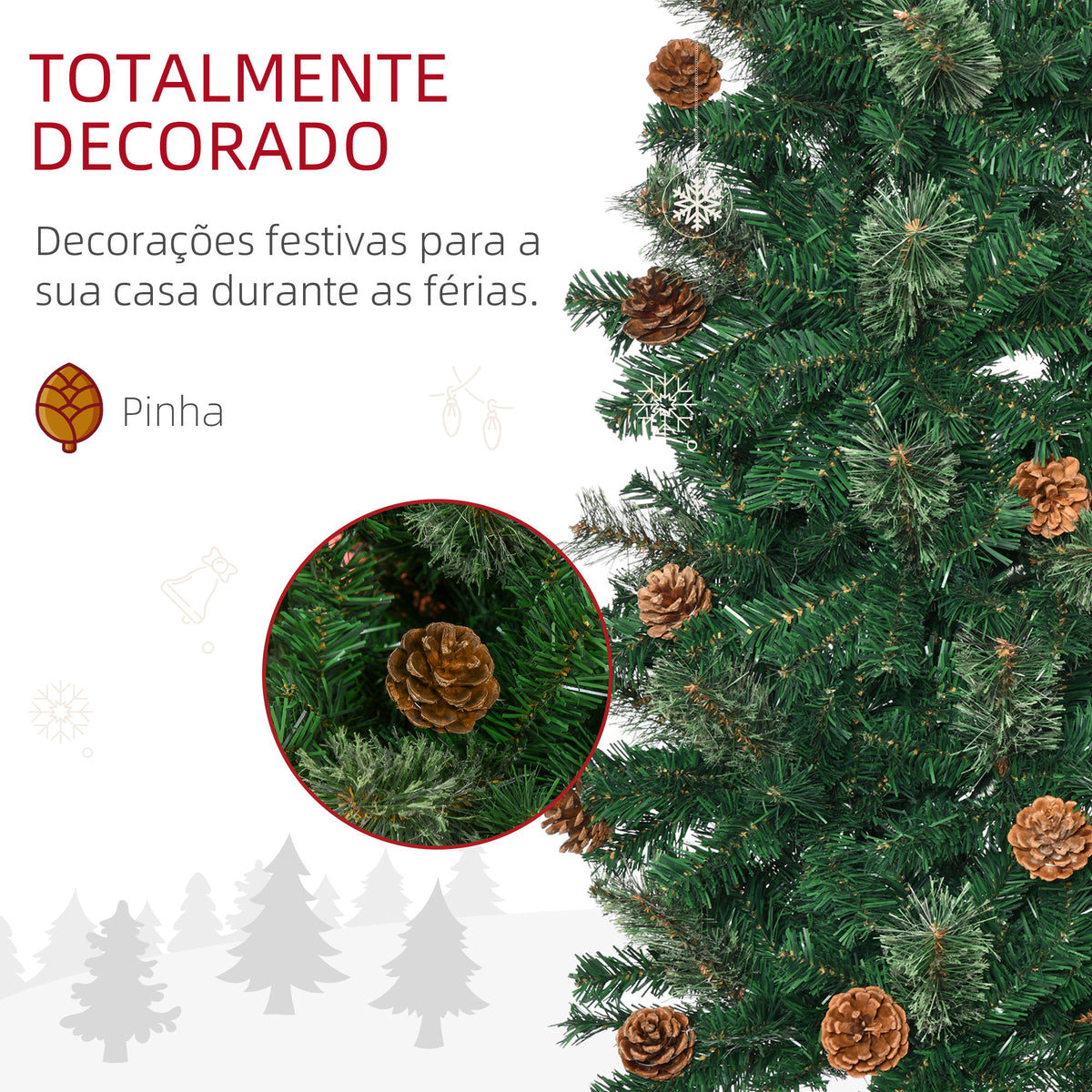 Árvore de Natal Artificial 225 cm Árvore de Natal com 706 Ramos Árvore de Natal Estreita Slim com 56 Pinhas Base Dobrável Ø58x225 cm Verde — foto 6