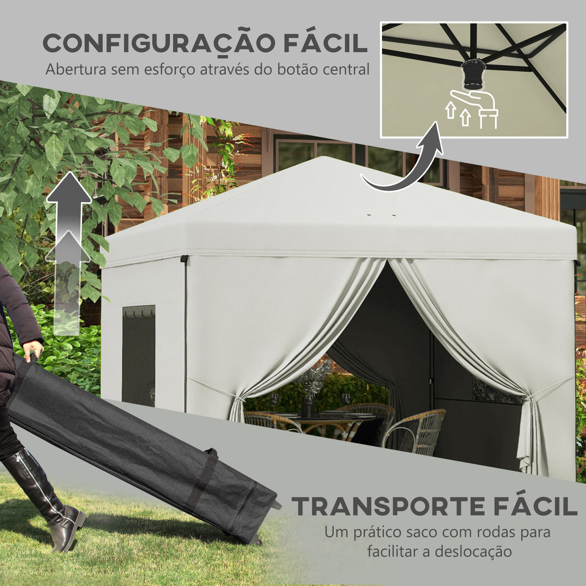 Tenda Dobrável 3x3 m Tenda de Jardim com 4 Paredes Laterais 2 Janelas de Malha Altura Ajustável Bolsa de Transporte Impermeável e Anti-UV para Campismo Festas Branco — foto 4