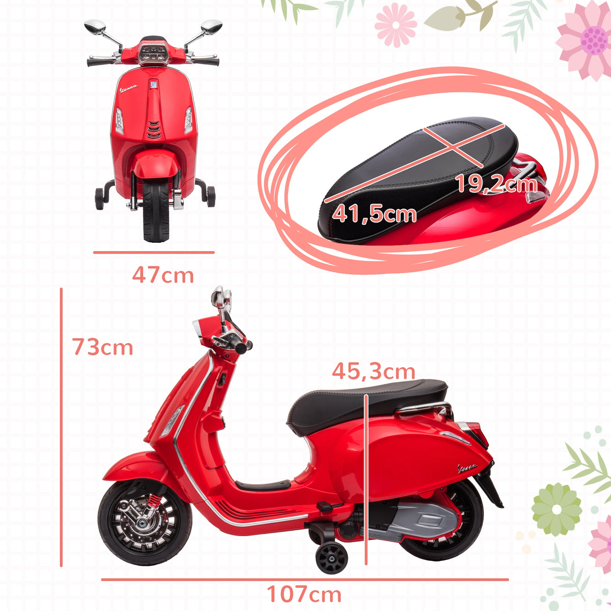 Moto Elétrica para Crianças de 3-6 Anos com Licença Vespa Motocicleta de Bateria 6V com USB MP3 Luz LED Rádio FM Moto para Crianças com Velocidade 3 km/h Carga 35 kg Vermelho — foto 3