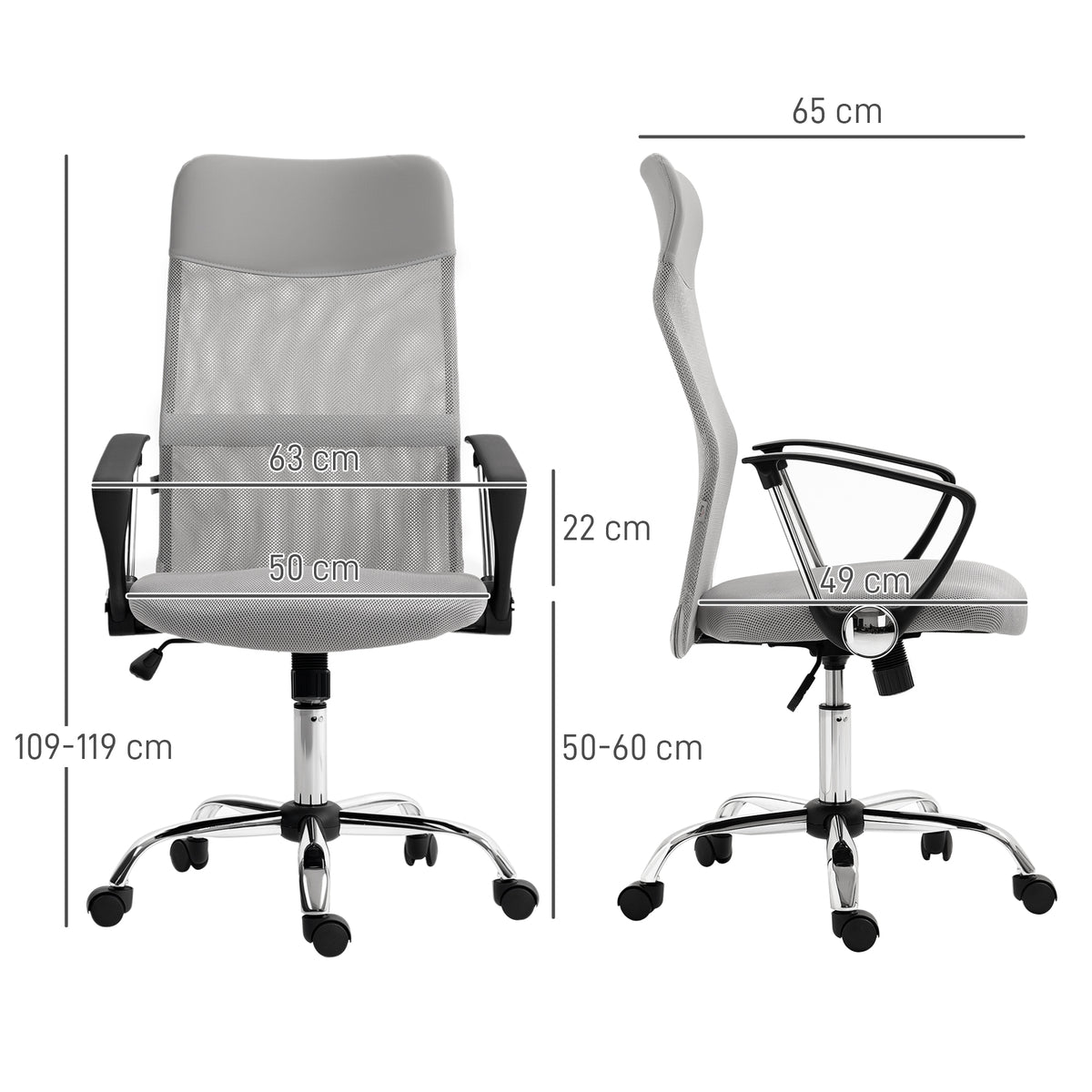 Cadeira de Escritório Cadeira de Secretária de Tecido de Malha Encosto para a Cabeça de PU Mecanismo de Inclinação de Encosto Alto Carga de 120 kg 63x65x109-119 cm Cinza — foto 3