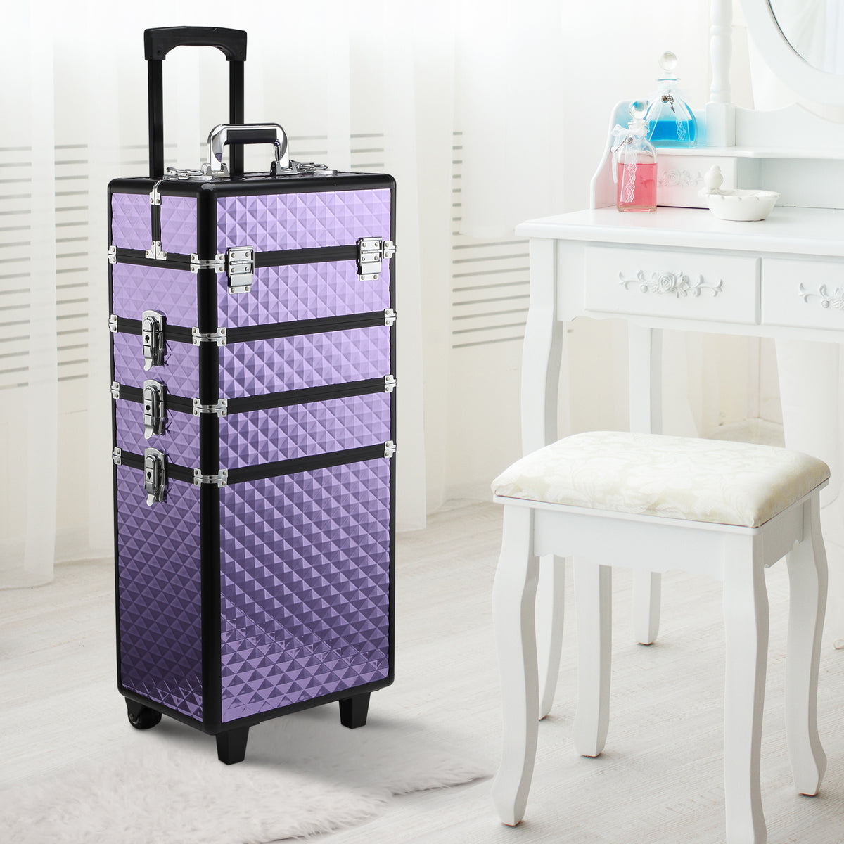 Mala de Maquilhagem Professional com Rodas Universais Mala de Maquilhagem com Diferentes Níveis Alça Extensível Trolley de Maquilhagem 33,5x23x76-95,5 cm Roxo — foto 2