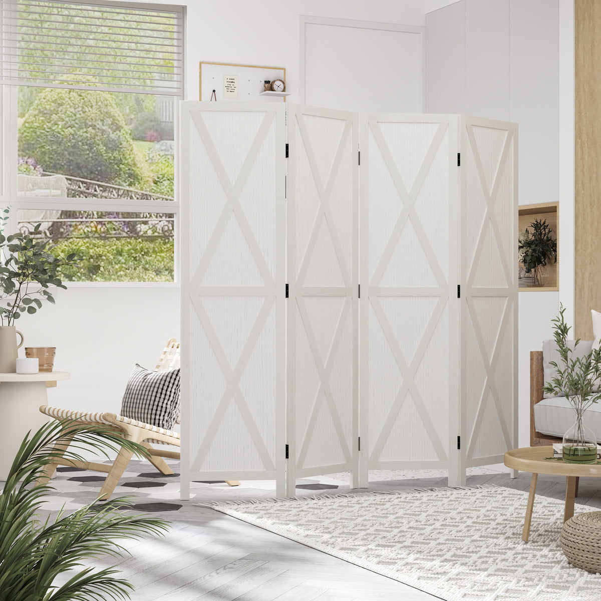 Biombo de 4 Paineis Separador de Ambientes Dobrável 182x170cm Divisória para Espaços de Madeira Decoração Elegante para Dormitório Sala de Estar Branco — foto 2