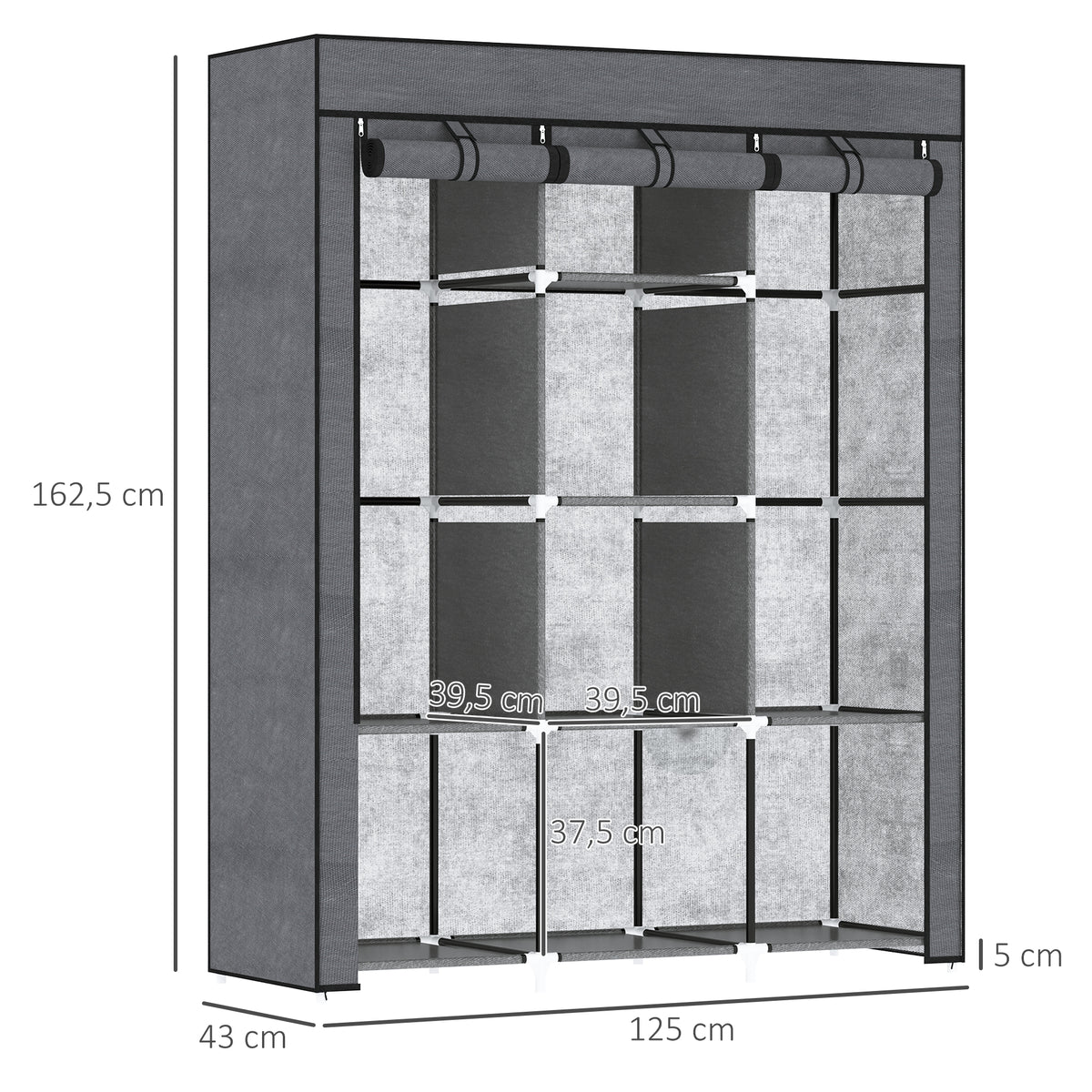 Roupeiro de Tecido Dobrável Armário Portátil com 8 Prateleiras de Armazenamento e 2 Barras de Pendurar Organizador de Roupa para Dormitório Vestidor 125x43x162,5 cm Cinzento — foto 3