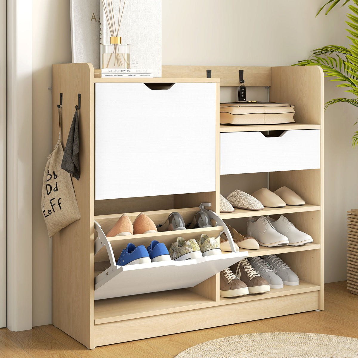 Sapateira Estreita com 2 Portas Sapateira para Entrada com Prateleiras Ajustáveis Gaveta Prateleiras Abertas 4 Ganchos para 14 Pares de Sapatos 93x30x90 cm Madeira e Branco — foto 2