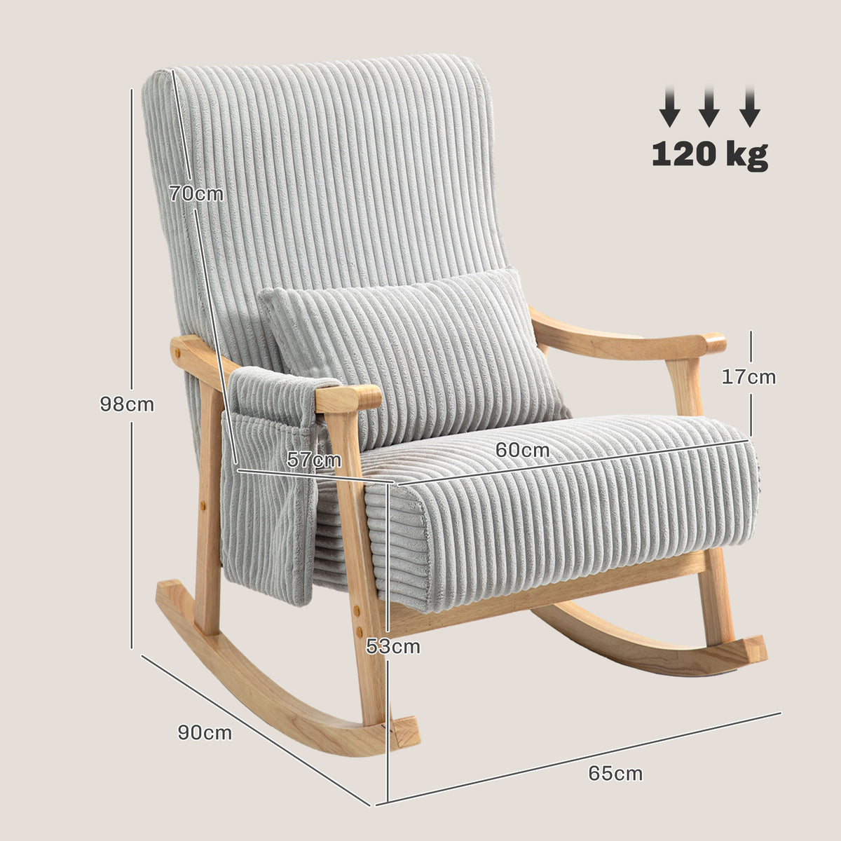 Cadeira de Baloiço, Cadeira de Baloiço em Veludo Cotelê com Almofada Lombar, Estrutura em Madeira, Assento Largo, Bolso Lateral, Estilo Moderno, Carga Máxima 120 kg, para Quarto e Sala, Cinzento — foto 3