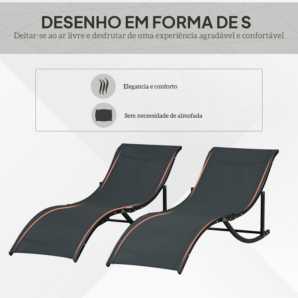 2 espreguiçadeiras dobráveis ​​ergonômicas em forma de S com estrutura de alumínio Textilene para piscina terraço jardim 165x61x63 cm Preto — foto 4