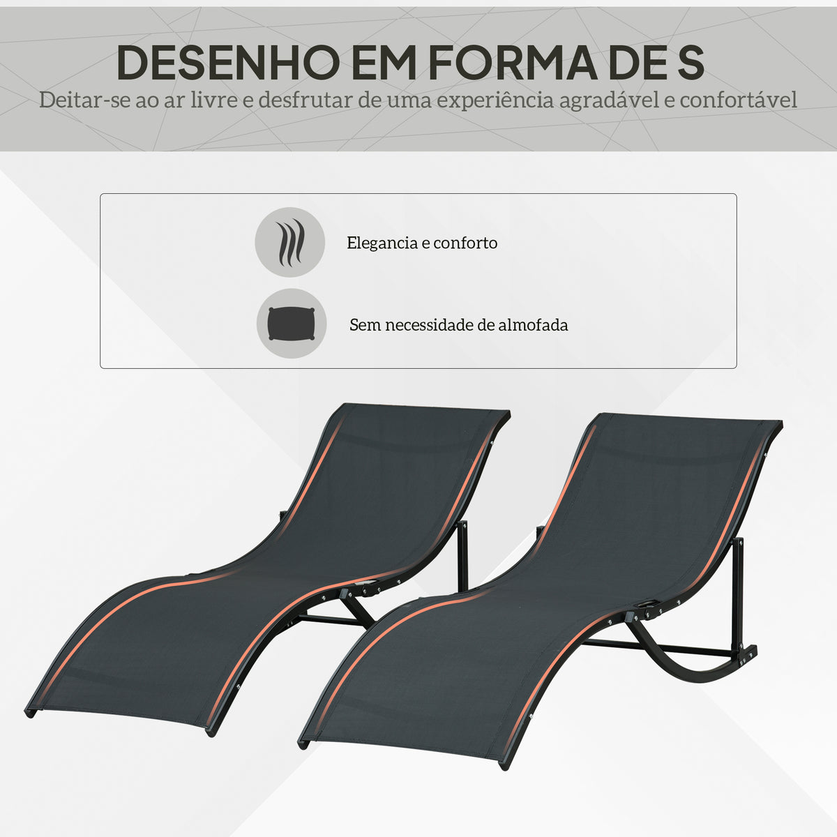 2 espreguiçadeiras dobráveis ​​ergonômicas em forma de S com estrutura de alumínio Textilene para piscina terraço jardim 165x61x63 cm Preto — foto 4