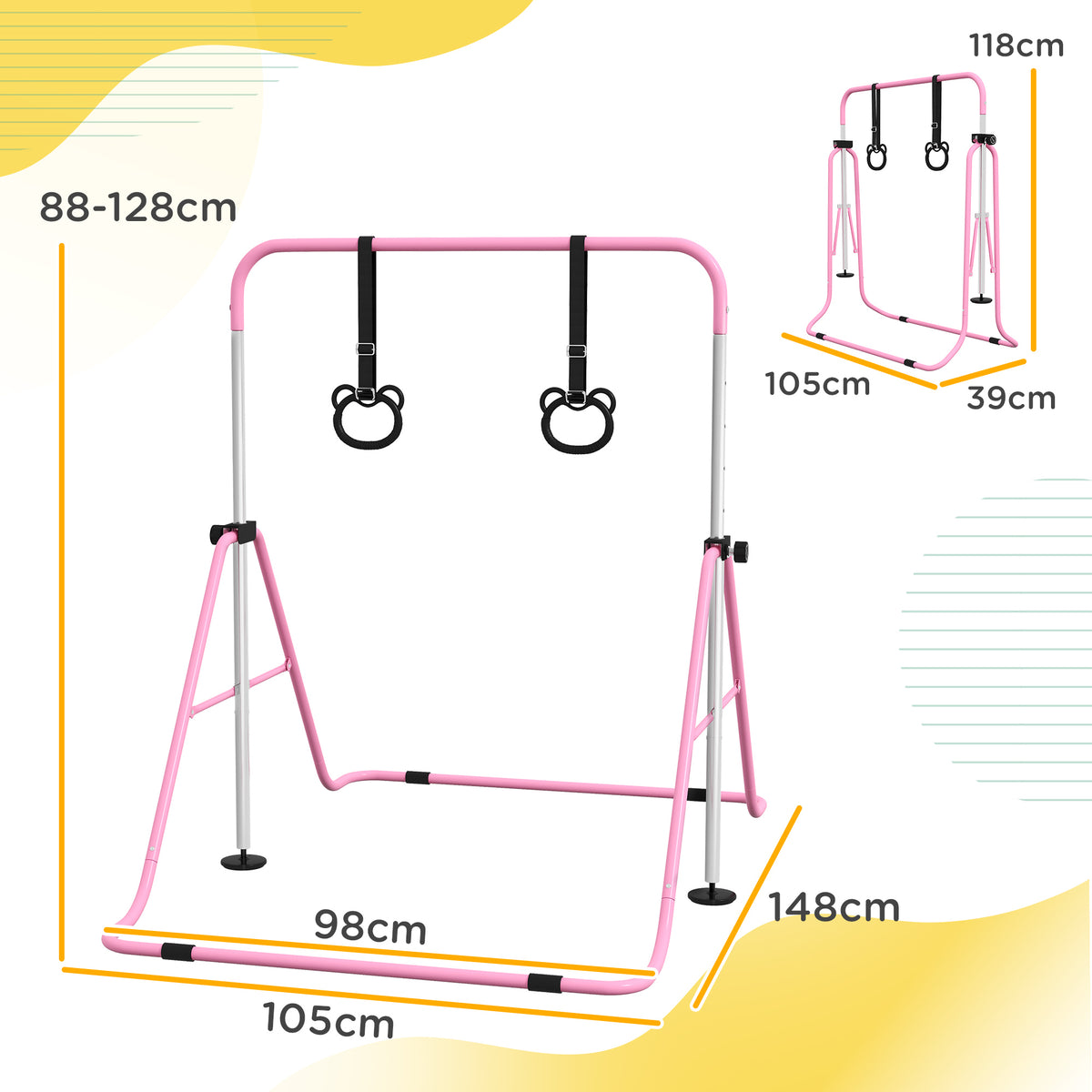 Barra de Ginástica para Crianças com Altura Ajustável em 5 Níveis e Anéis Barra de Treino de Ginástica Dobrável 148x105x88-128 cm Rosa — foto 3