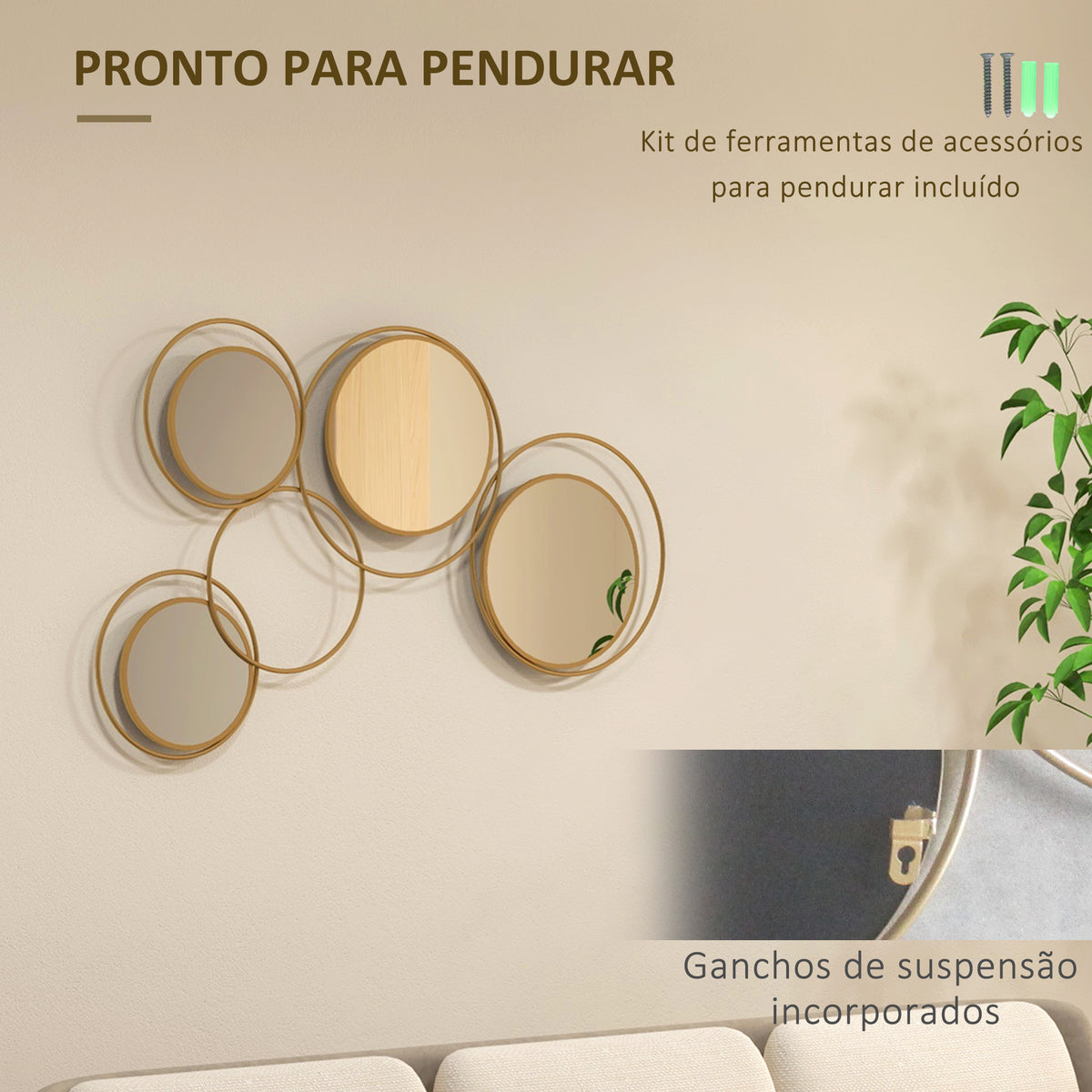 Espelho Decorativo de Parede em Metal 3D Decoração de Parede Metálica com 4 Espelhos Redondos para Sala Quarto Corredor 110x68 cm Dourado — foto 5