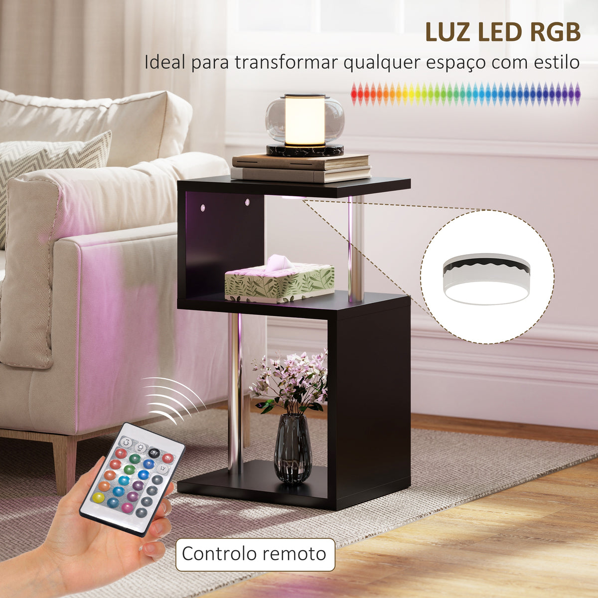 Mesa Auxiliar com Luz LED de 3 Níveis Mesa Auxiliar Moderna com Forma de S Prateleiras Abertas e Estrutura em Alumínio para Sala Quarto 44x38x75 cm Preto Brilhante — foto 5