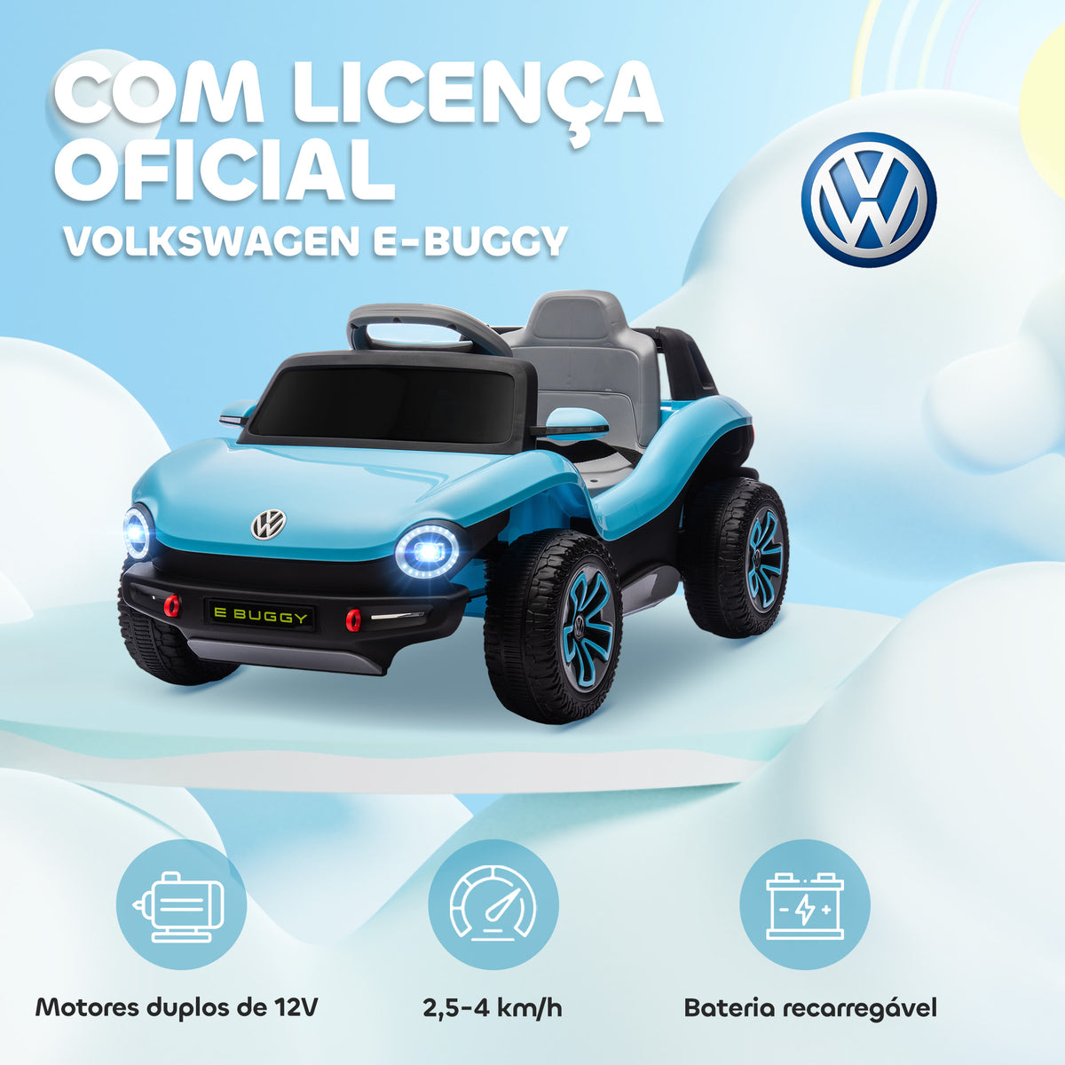 Carro Elétrico para Crianças acima de 3 Anos Volkswagen E-Buggy Bateria 12V com Controlo Remoto 2,4 G Rodas com Suspensão Faróis LED Música USB e Motor Duplo 98x56,5x47 cm Azul — foto 4