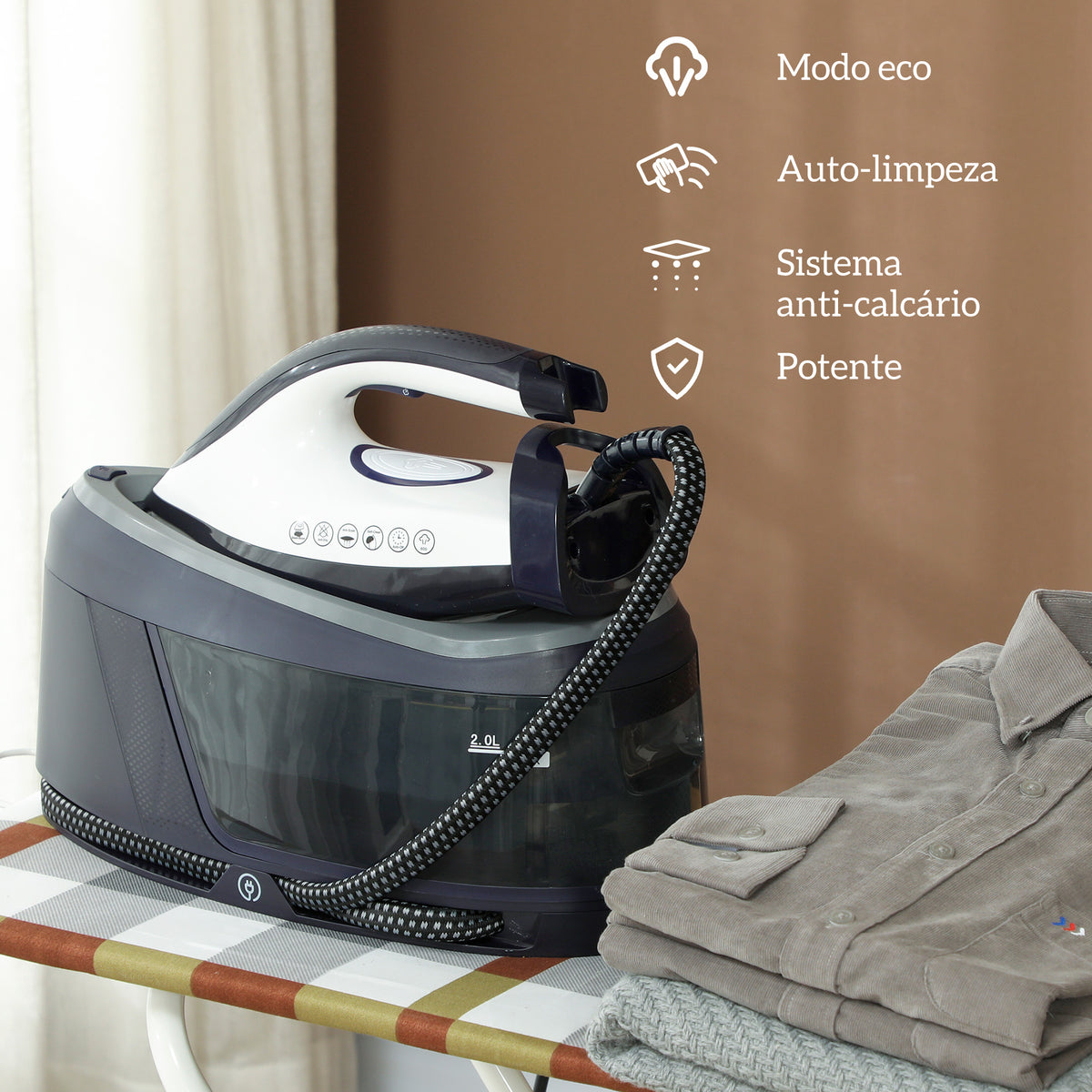 Ferro com Caldeira 2800W 100 g/min 8 Bares Função ECO Base de Cerâmica Dupla Camada Engomagem Vertical Potente Desligamento Automático Sistema Anticalcário Autolimpeza Depósito Amovível 2 L Azul — foto 4