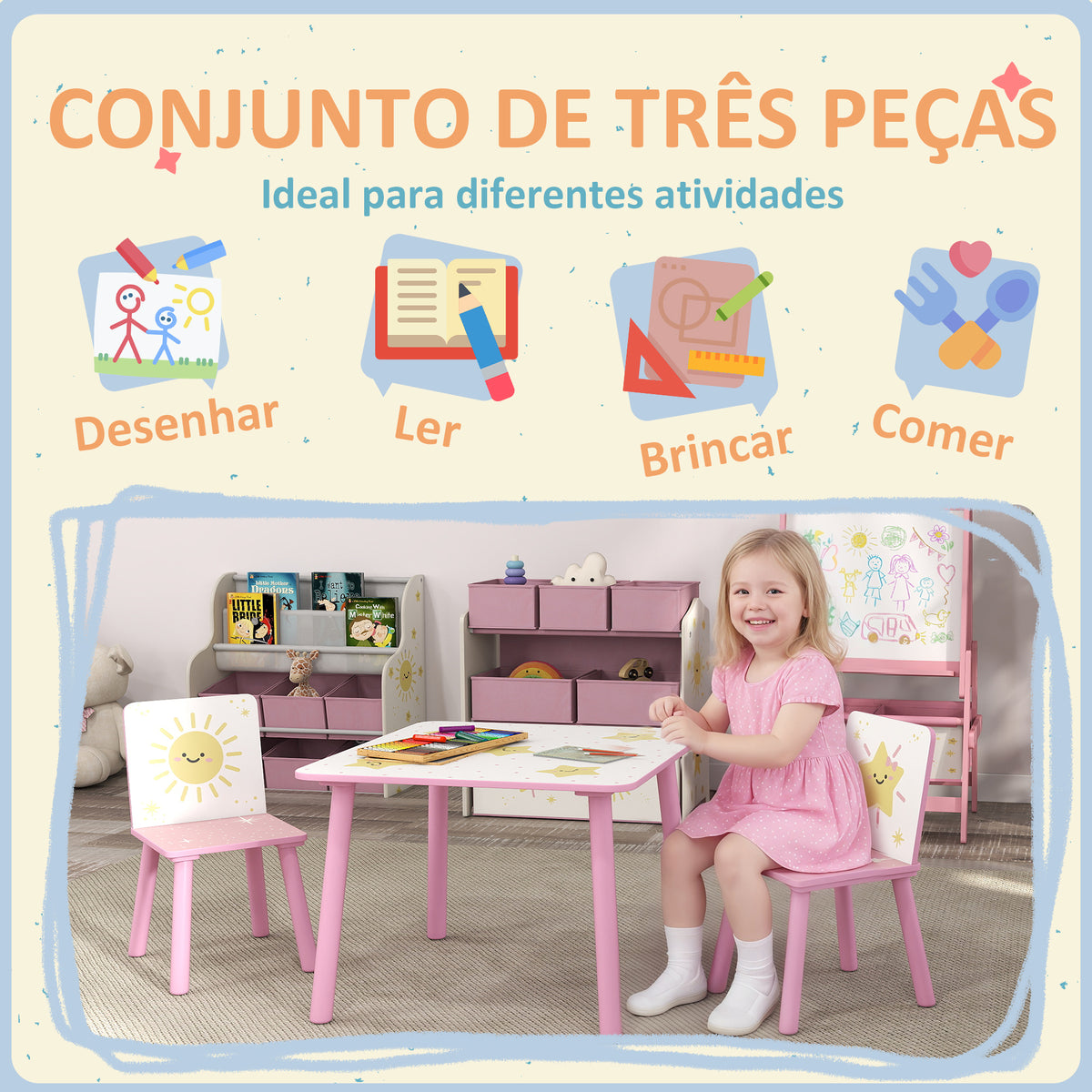Mesa e Cadeiras para Crianças de 3 Peças Mesa Infantil com 2 Cadeiras em Madeira Conjunto de Móveis com Desenhos de Estrelas e Sol para Crianças Acima de 3 Anos para Quarto Sala de Jogos Rosa — foto 4