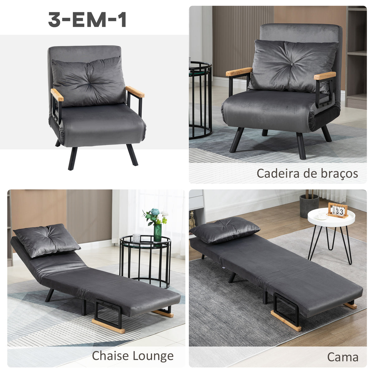 Poltrona Convertível em Cama Dobrável Poltrona 3 em 1 Convertível em Cama com Encosto Ajustável em 5 Níveis e Almofada Acolchoada para Escritório Sala de Estar Carga 120 kg 63x73x81 cm Cinza - Modelo 1 — foto 4