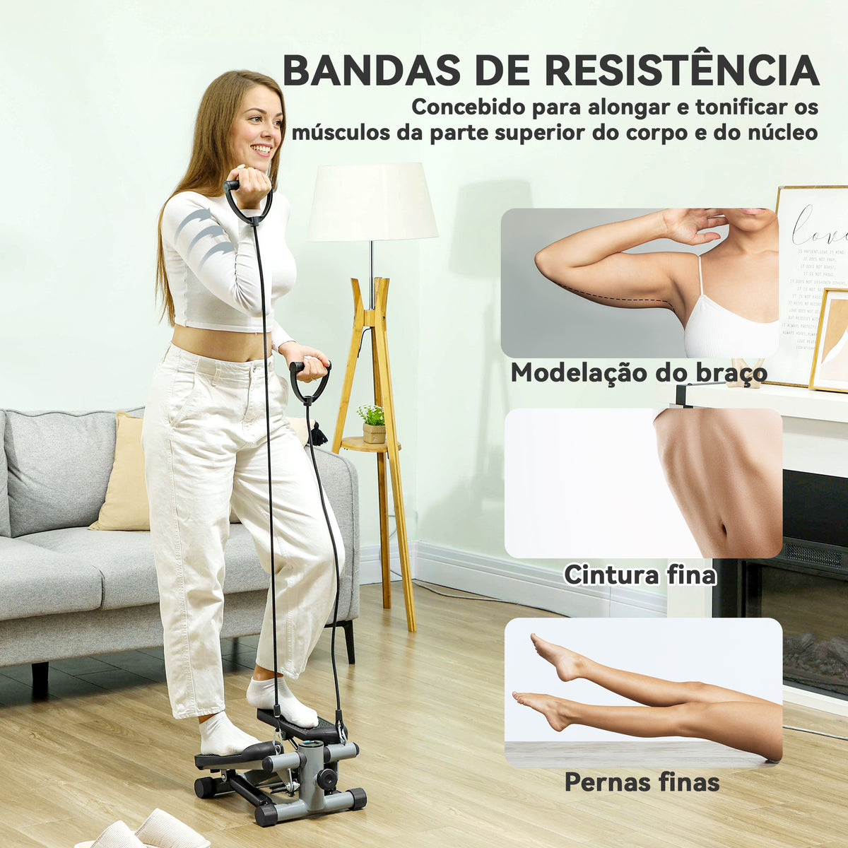 Mini Step para Exercício em Casa Máquina de Step Compacta com Bandas de Resistência Monitor LCD Pedais Antiderrapantes e Ajustáveis em Altura para Treino do Corpo 41x30,5x18,5 cm Cinza — foto 4