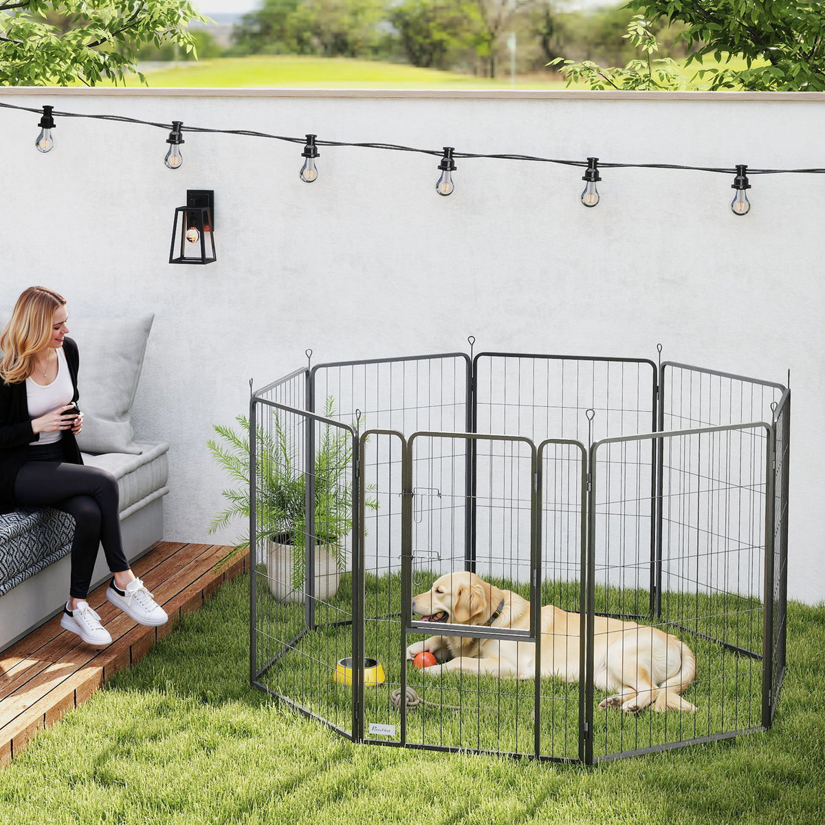 Parque para Cães de 8 Painéis 68x100 cm Parque Dobrável para Cães Médios com Porta Fecho e Estacas para Interior e Exterior Preto — foto 2