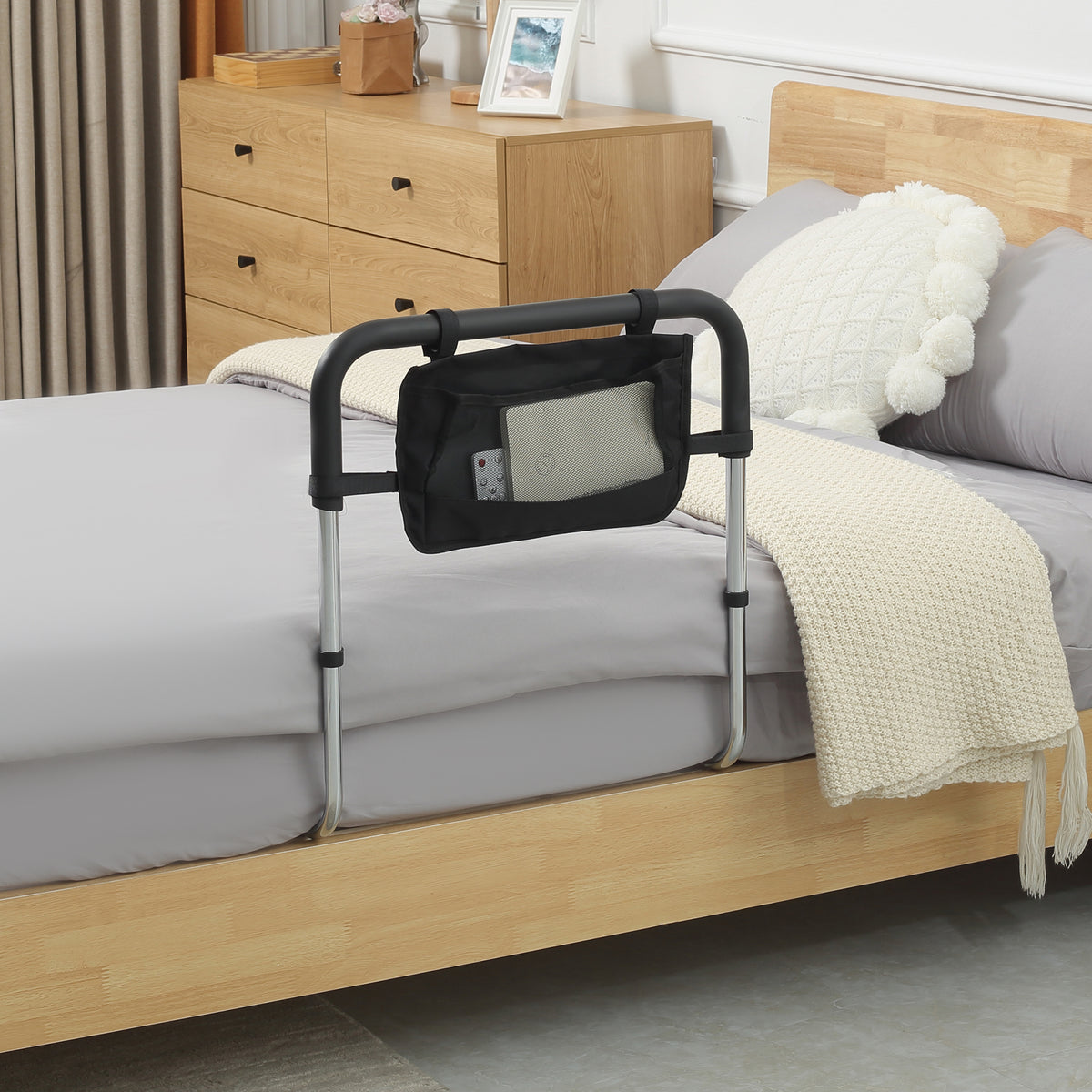 Barra de apoio para cama barreira de proteção segura alça ajustável 5 alturas bolso para arrumação 87Lx51,5lx45-55H cm — imagem 3