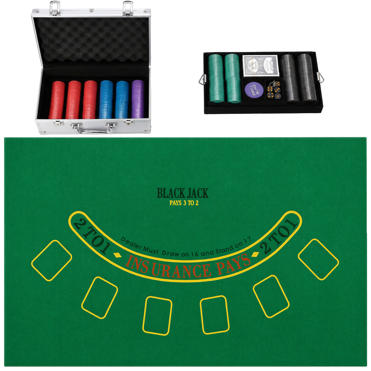 Maleta de Poker 500 Fichas 5 Valores, 2 Baralhos, Tapete de Jogo, Botão Dealer, Blinds, Alu, 31x17x11,5cm, Prateado — foto 1